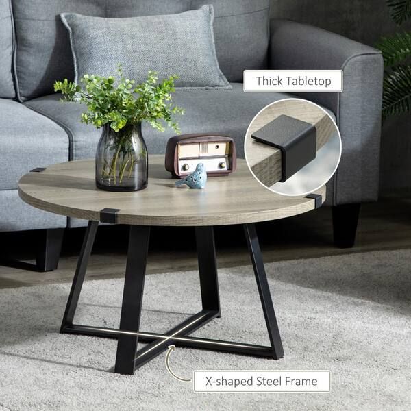 Homcom 30.75 In. Light Gray Round Wood Coffee Table With Steel Legs  839 603V00Lg – The Home Depot With Regard To Round Coffee Tables With Steel Frames (Photo 6 of 15)