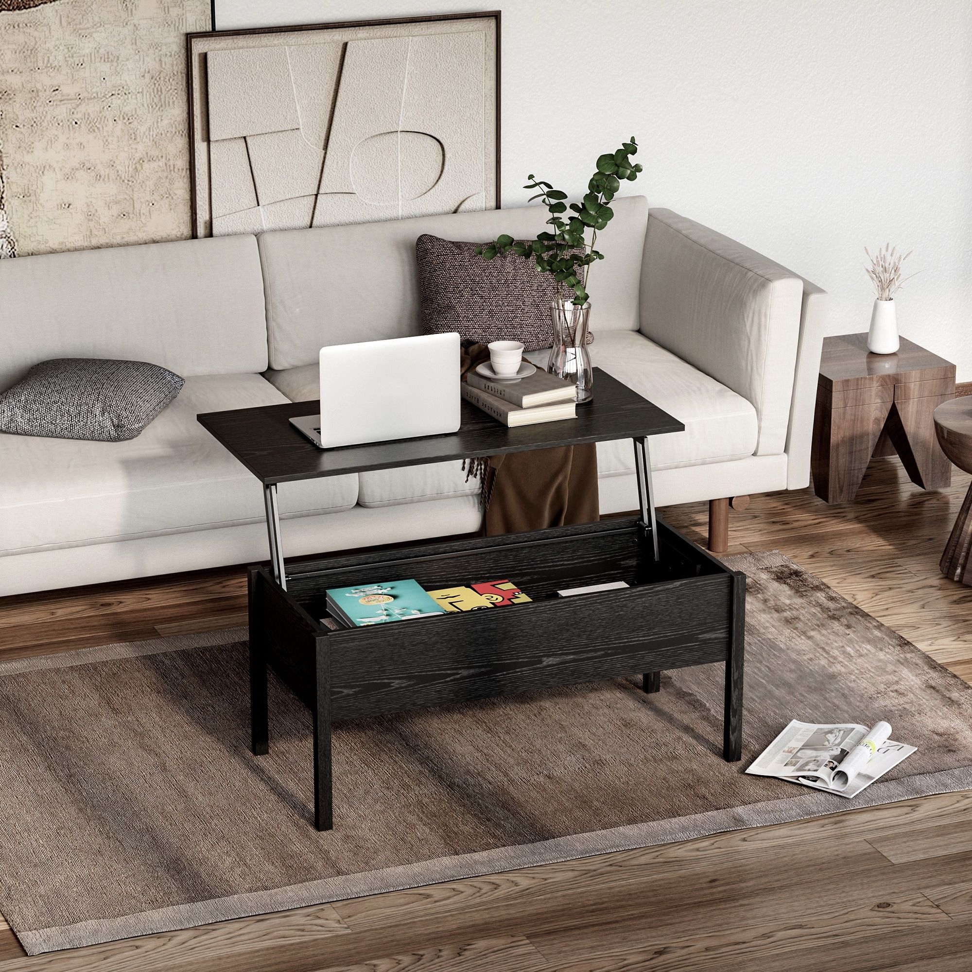 Homcom 39" Modern Lift Top Coffee Table Desk With Hidden Storage  Compartment For Living Room, Black Woodgrain – On Sale – Bed Bath & Beyond  – 17966888 Pertaining To Modern Wooden Lift Top Tables (View 13 of 15)