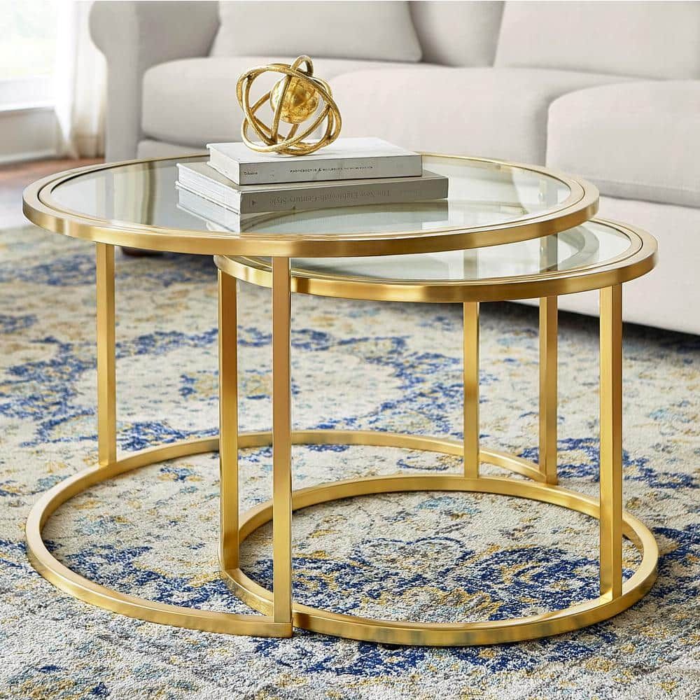 Home Decorators Collection Cheval 2 Piece 30 In. Gold/Glass Medium Round  Glass Coffee Table Set With Nesting Tables Dc19 6641 – The Home Depot With Regard To Nesting Coffee Tables (Photo 4 of 15)