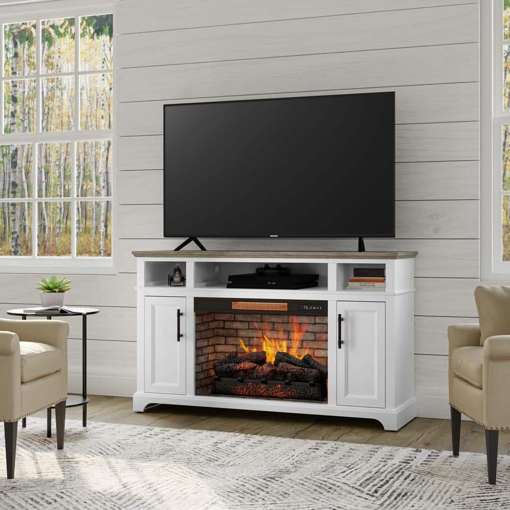 Home Decorators Collection Hillrose 52 In. Freestanding Electric Fireplace  Tv Stand In White With Rustic Taupe Oak Top 2240Fm 26 201 – The Home Depot Pertaining To Electric Fireplace Entertainment Centers (Photo 12 of 15)