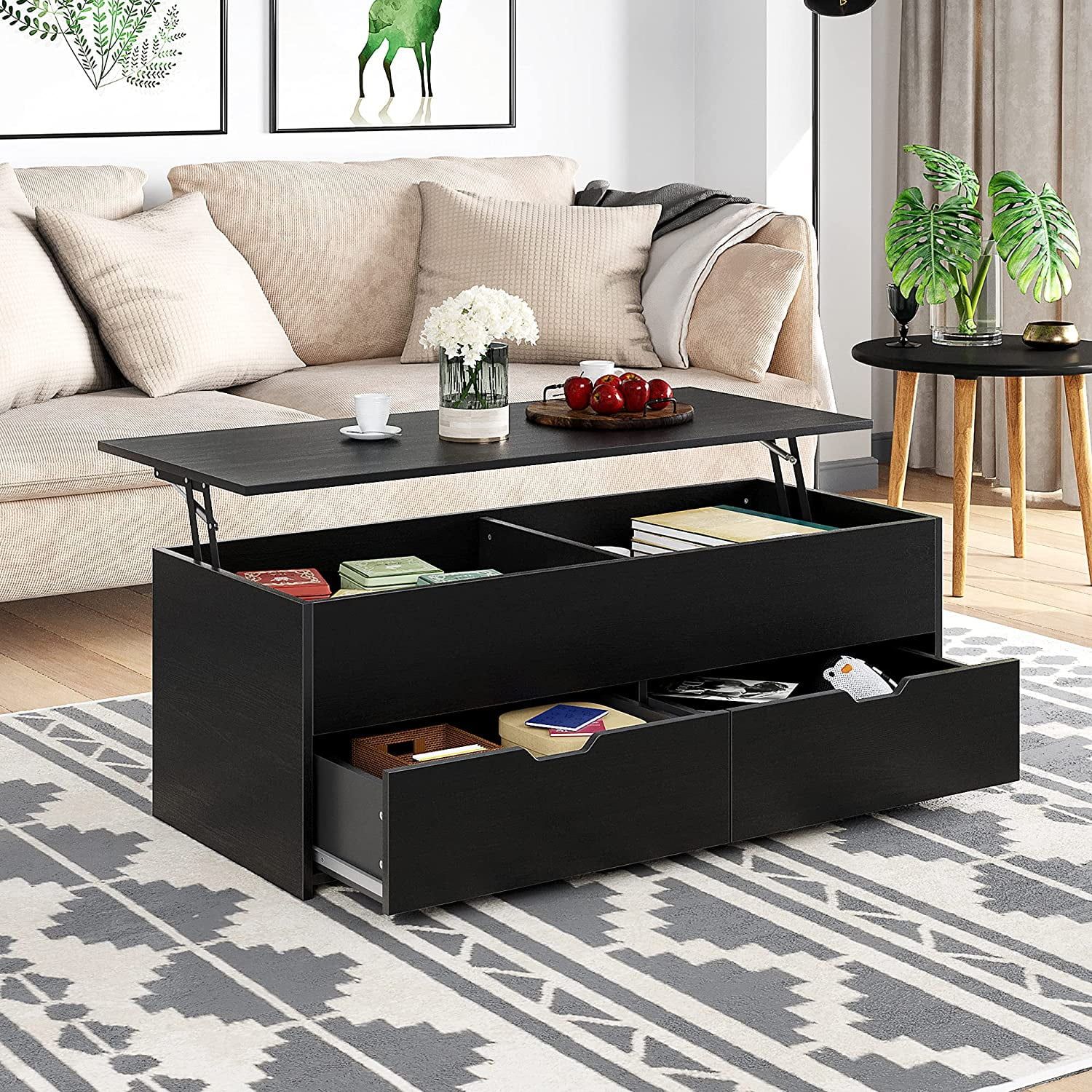 Homefort 45.3" Wood Lift Top Coffee Table With 2 Drawers And Hidden  Compartment, Cocktail Table, Black – Walmart Inside Lift Top Coffee Tables With Storage Drawers (Photo 3 of 15)