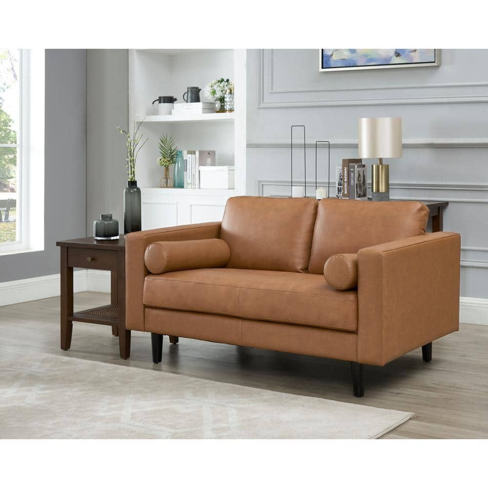 Homestock Tan Top Grain Mid Century Loveseat Sofa, Leather Couch, Mid  Century Couch Small Loveseat 99740 W – The Home Depot With Regard To Top Grain Leather Loveseats (Photo 3 of 15)