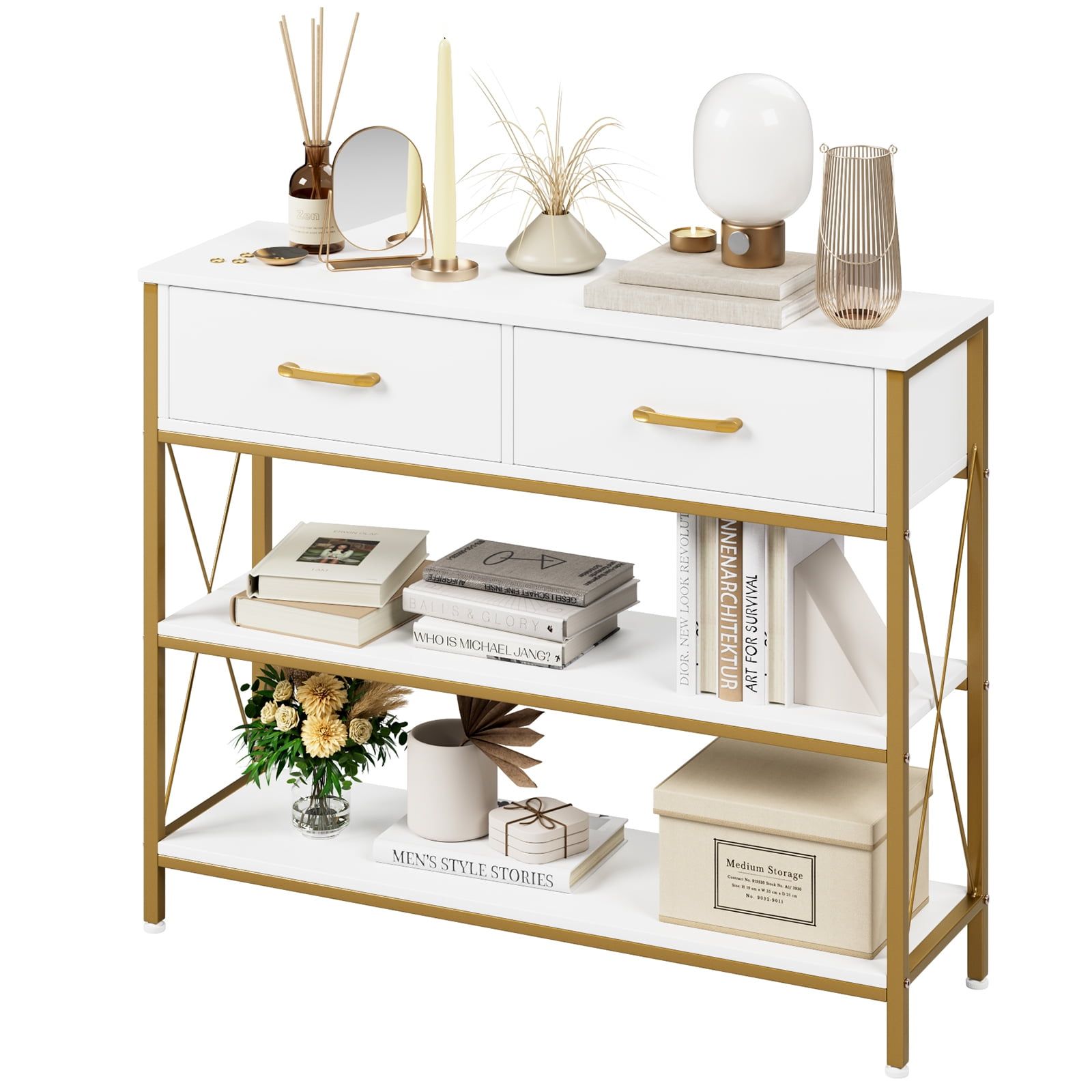 Homfa Console Table With Drawers, Entryway Table With Storage Shelves,  39.4'' Narrow Hallway Sofa Table For Living Room, White/Gold – Walmart Pertaining To Asymmetrical Console Table Book Stands (Photo 7 of 13)