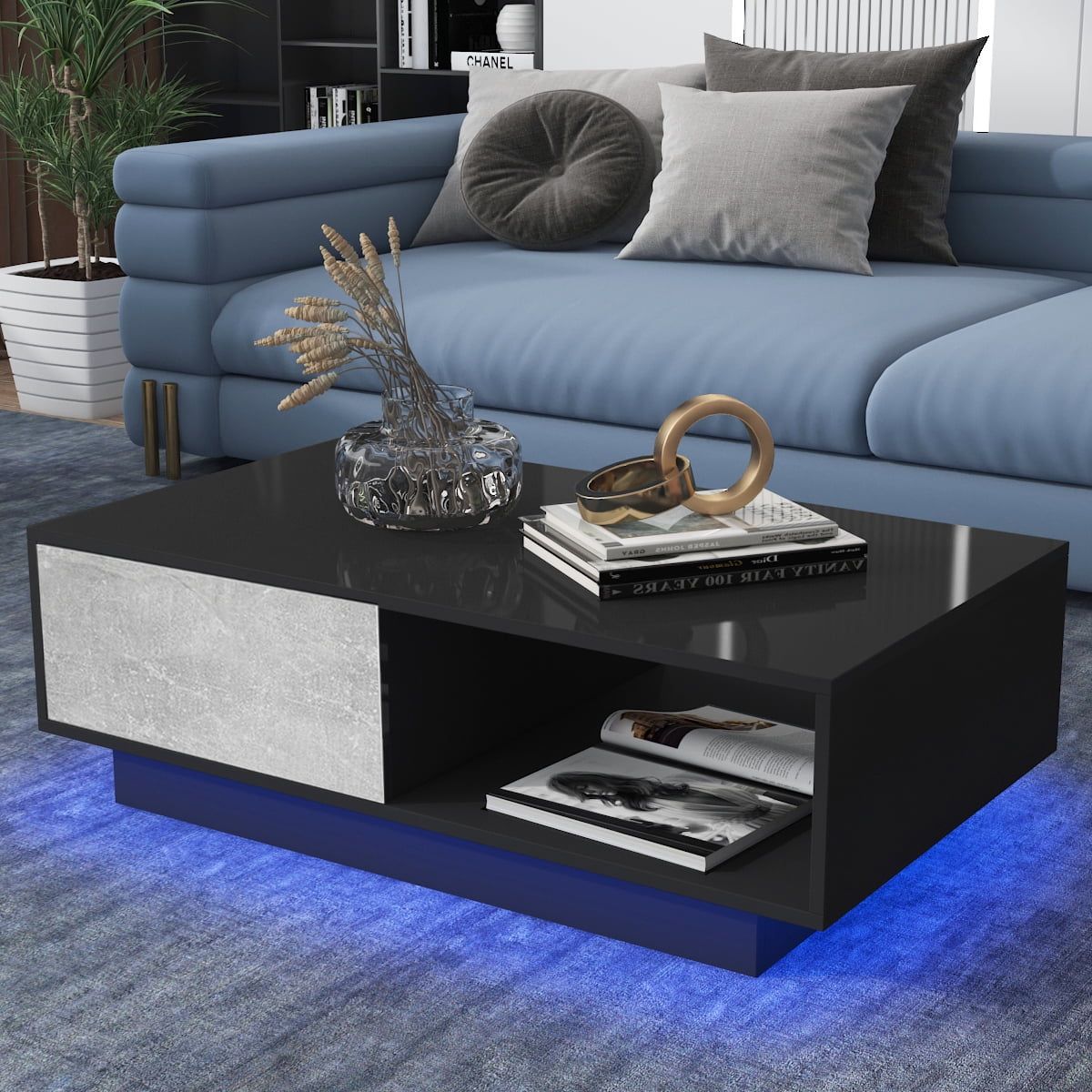 Hommpa High Gloss Black Coffee Table With 4 Drawers And Open Shelf Led Sofa  Side End Tea Table Modern Living Room Furniture With Storage Space –  Walmart In High Gloss Black Coffee Tables (View 8 of 15)