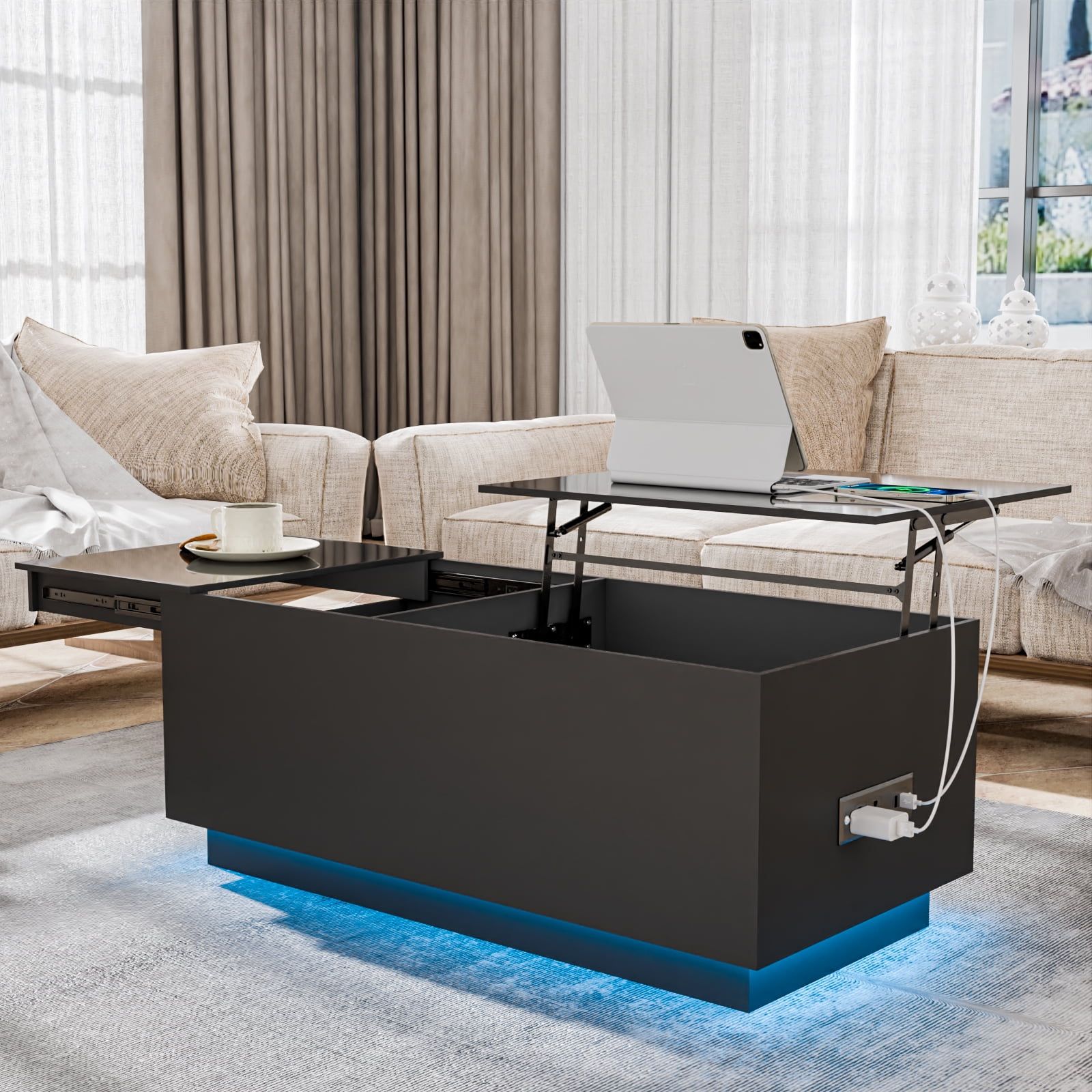 Hommpa Led Lift Top Coffee Table With Charging Station High Gloss Rectangle  Center Tea Desk Black Hidden Storage Rising Dining Cocktail Tables Living  Room – Walmart With High Gloss Lift Top Coffee Tables (Photo 14 of 15)