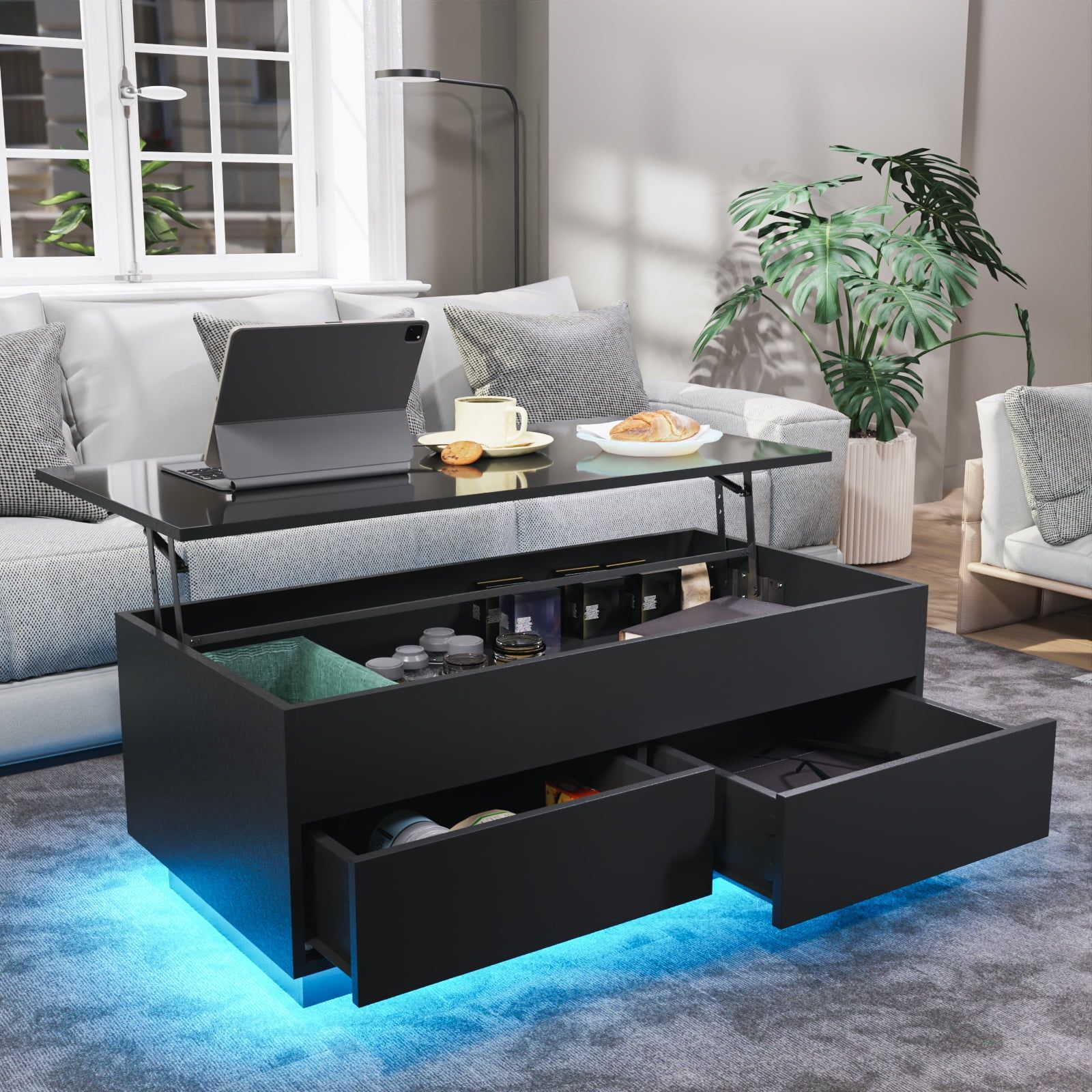 Hommpa Lift Top Coffee Table Led Tea Table With 2 Storage Drawers And  Hidden Compartment Rectangle Rising Accent Cocktail Desk Black – Walmart Regarding Coffee Tables With Drawers And Led Lights (View 9 of 15)
