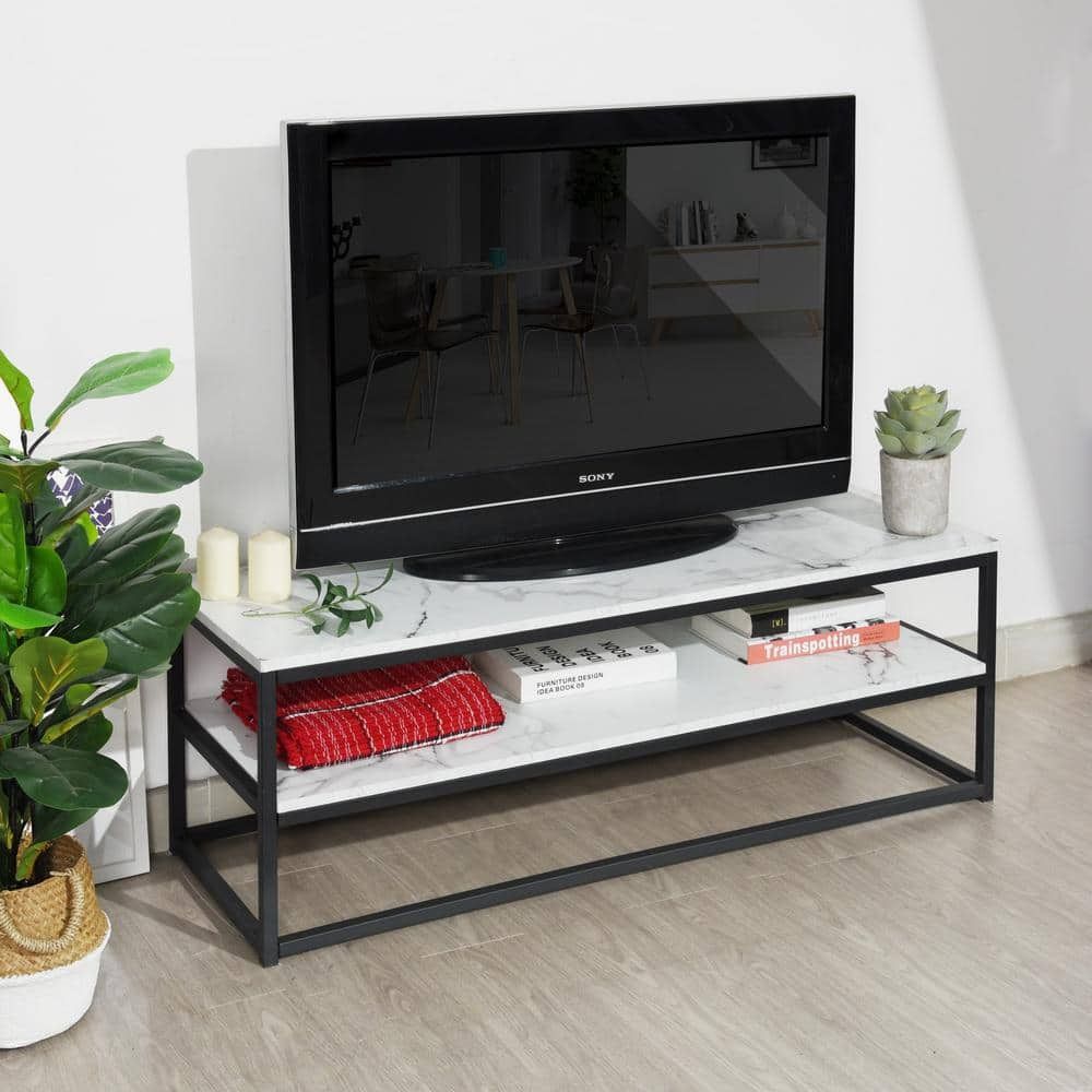 Homy Casa Facto 47.2 In. White Faux Marble Tv Stand Fits Tv'S Up To 50 In.  Facto Tv Stand Marble B – The Home Depot Intended For Romain Stands For Tvs (Photo 12 of 15)