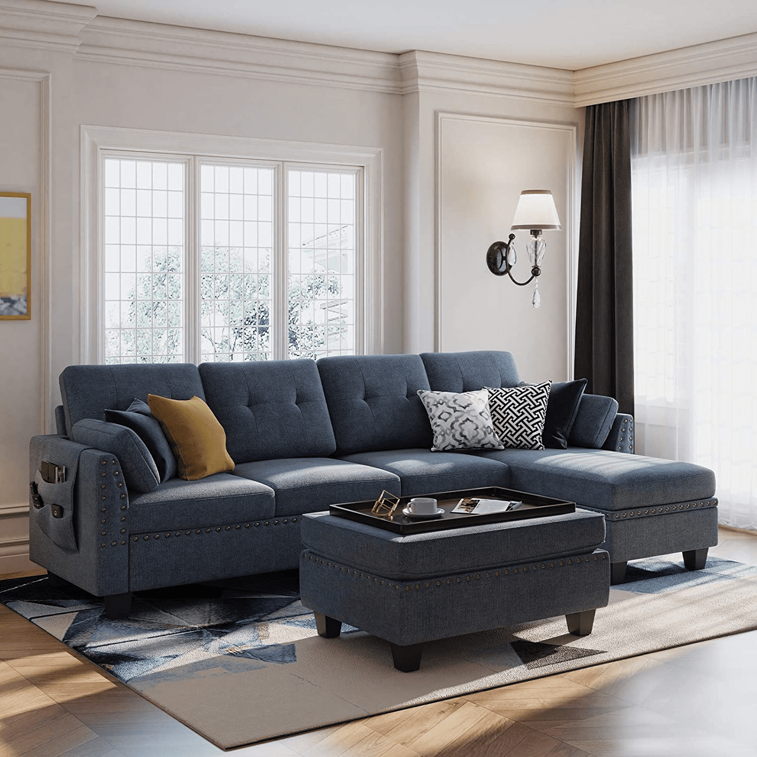 Honbay Convertible Sectional Sofa Set 4 Seat Couch With Tray Storage  Ottoman, Bluish Grey – Walmart Intended For Sofas In Bluish Grey (View 2 of 15)