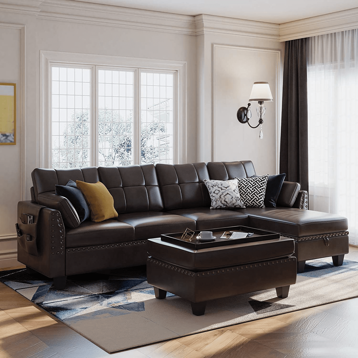 Honbay Faux Leather Sectional Sofa Set L Shaped Couch With Chaise & Ottoman  Brown For Living Room – Walmart With Regard To Faux Leather Sectional Sofa Sets (View 2 of 15)
