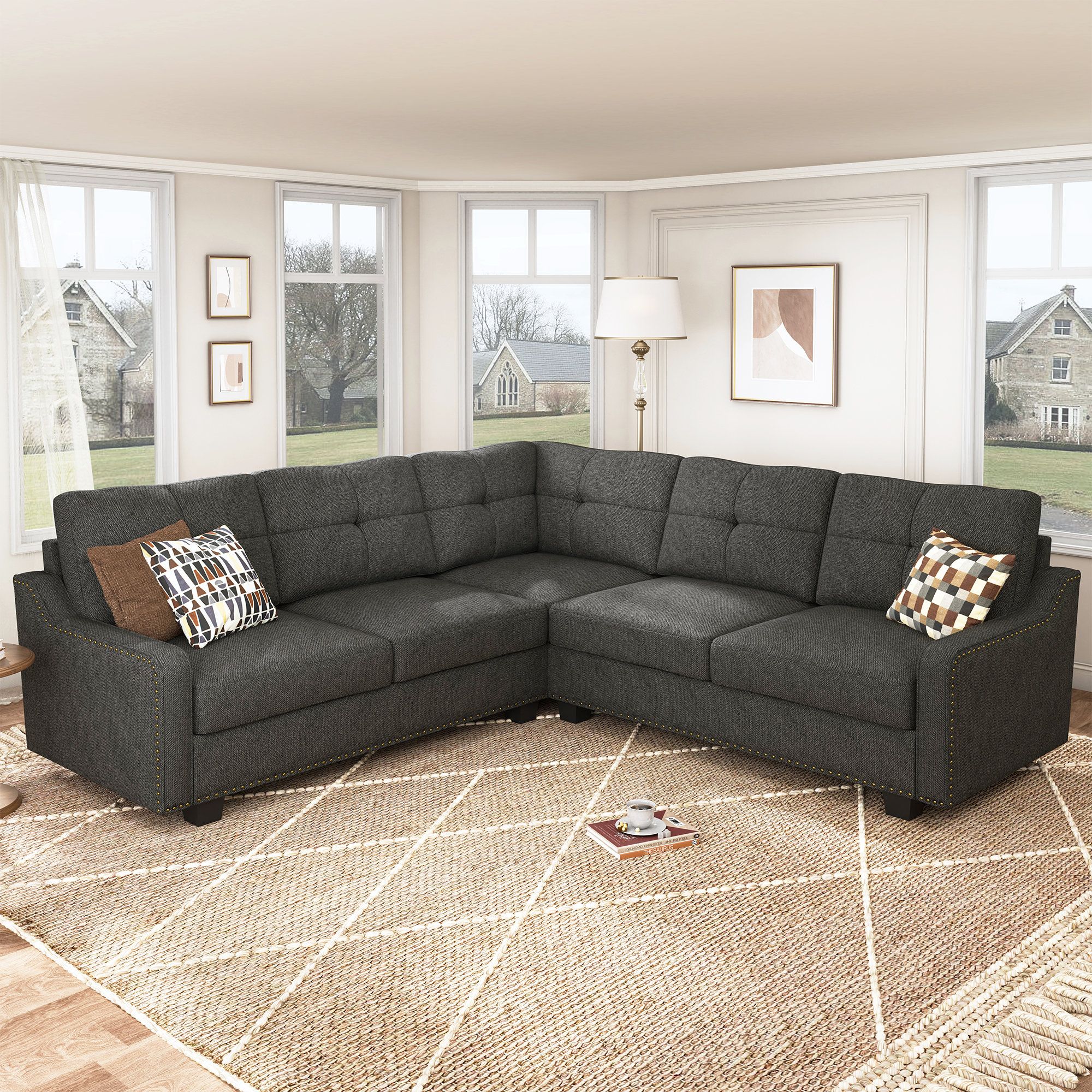 Honbay Living Room 3+2 Corner Sectional Sofa Dark Gray & Reviews | Wayfair With Dark Gray Sectional Sofas (View 4 of 15)