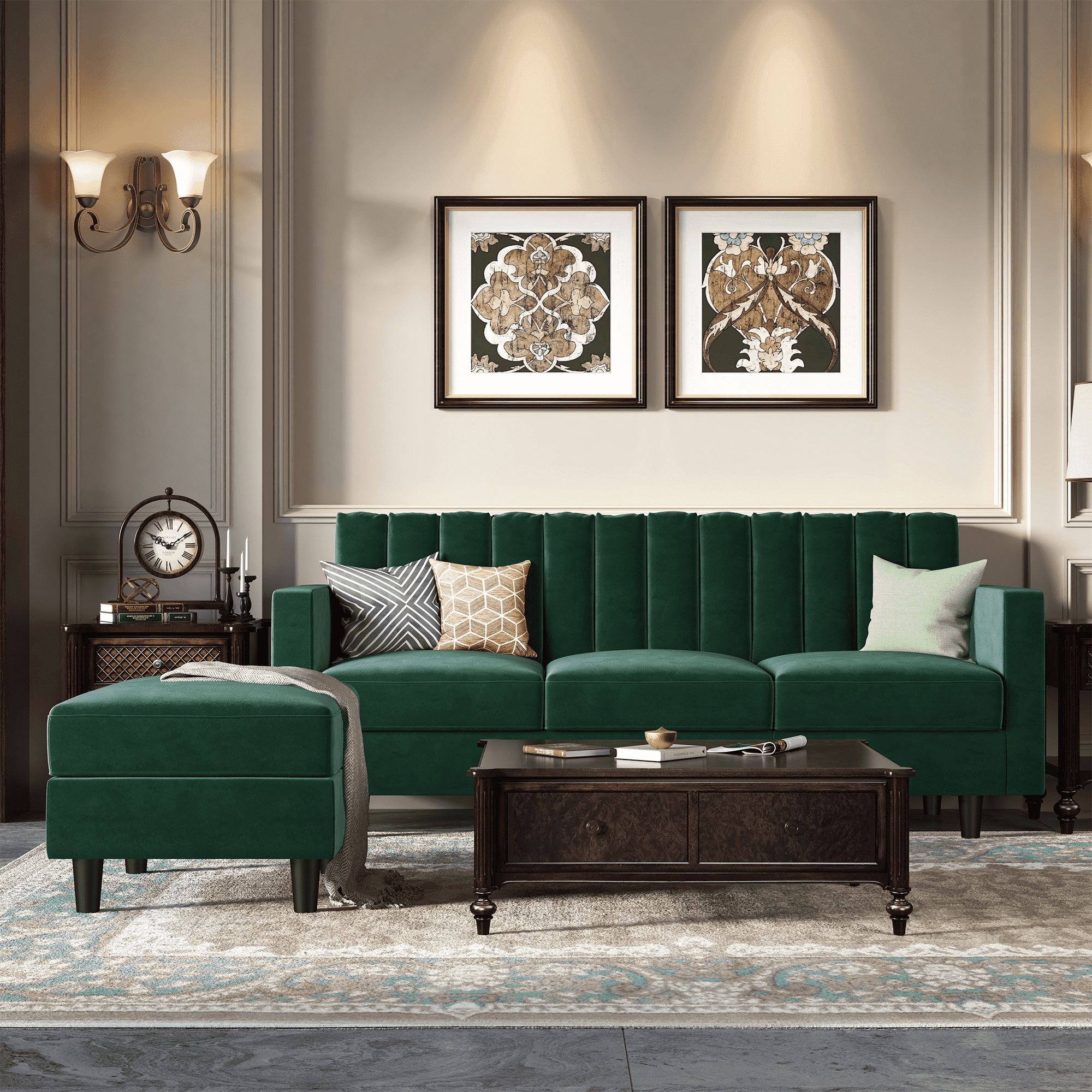 Honbay Mid Century Velvet Sectional Sofa Couch With Double Chaise With  Ottoman, Green – Walmart Throughout Green Velvet Modular Sectionals (View 15 of 15)
