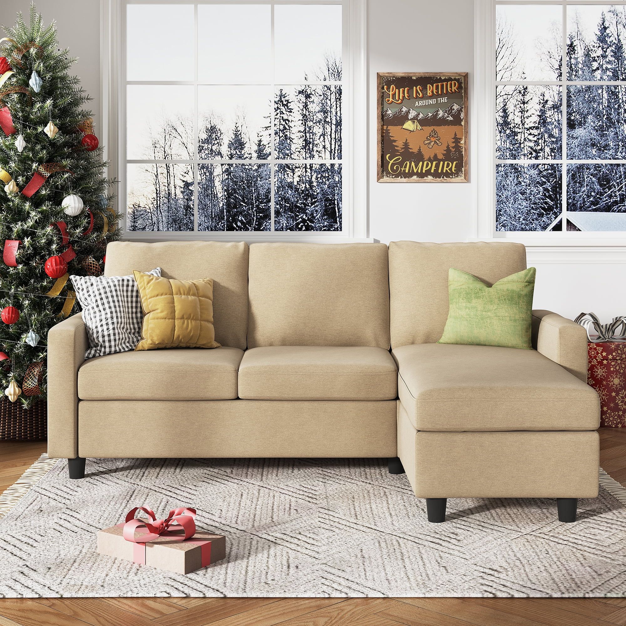 Honbay Modern L Shape Sofa Sectional Couch For Small Space, Beige Polyester  – Walmart Regarding Small L Shaped Sectional Sofas In Beige (Photo 1 of 15)