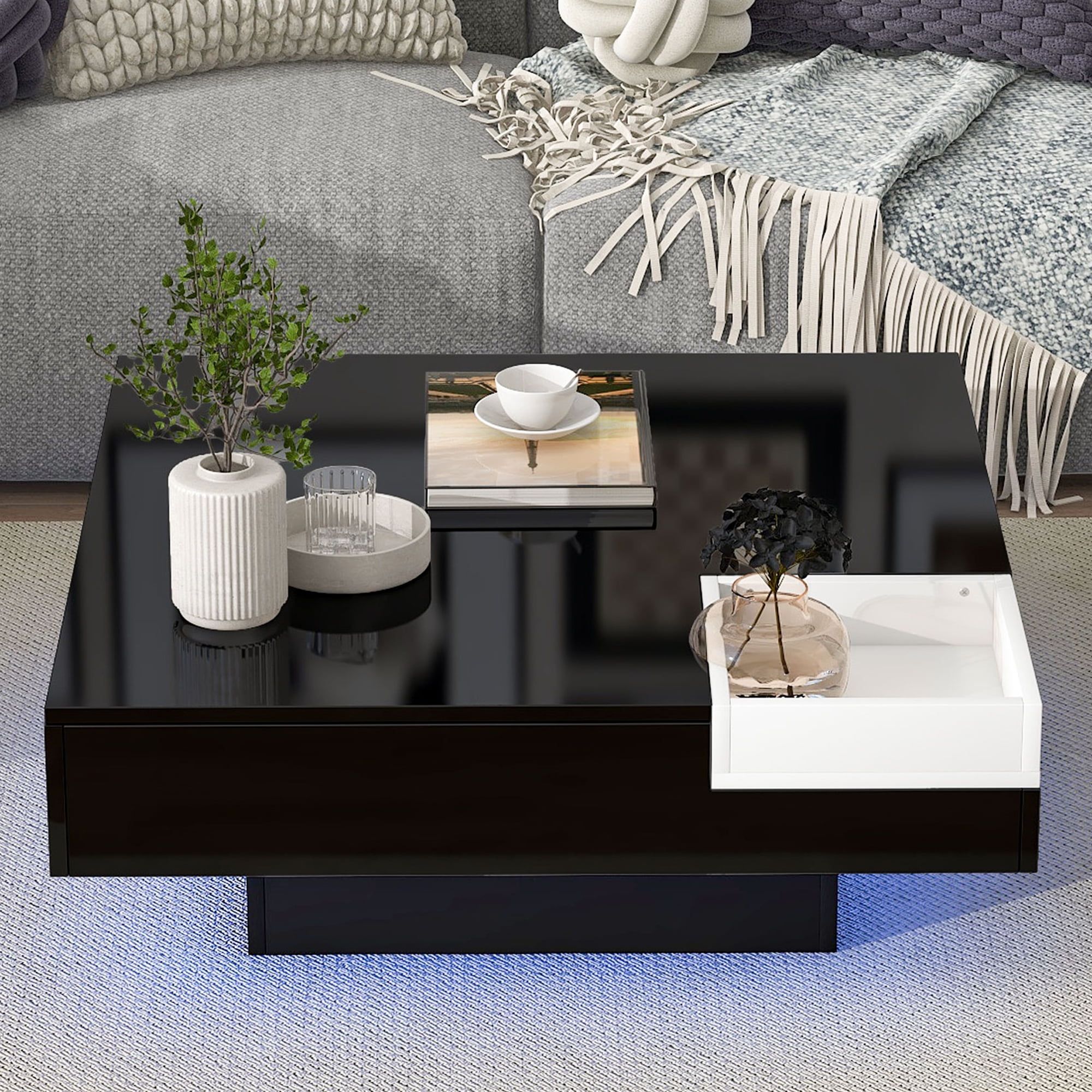 Hsunns Black Led Coffee Table With Detachable Tray, Modern High Glossy  Center Table, Square Cocktail Table, Wooden Living Room Table With 16  Colors Led Lights, Contemporary Living Room Furniture – Walmart With Regard To Detachable Tray Coffee Tables (View 5 of 15)