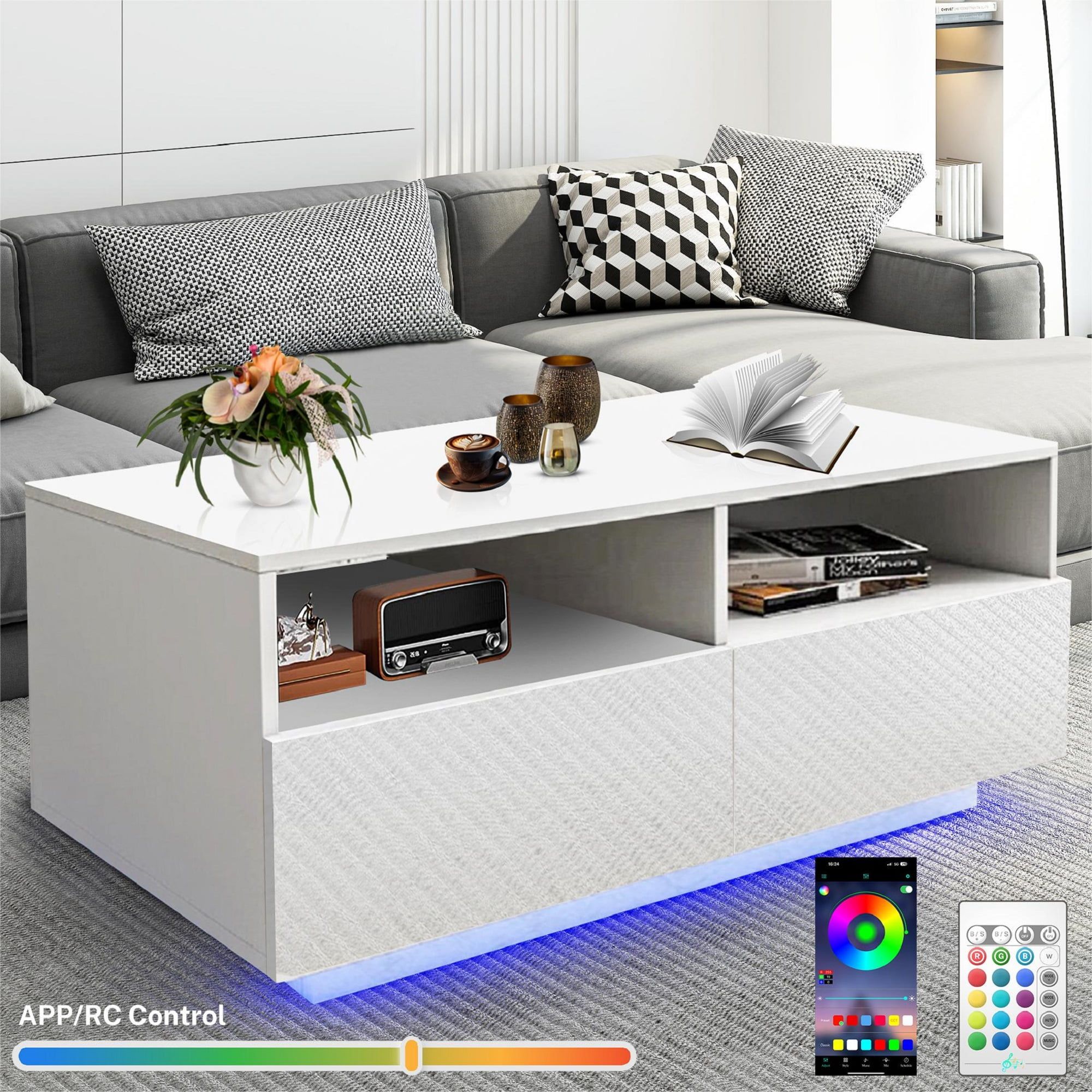 Hsunns White Led Coffee Table For Living Room, Modern High Glossy Finish  Center Table With 4 Drawers And Open Shelves, Smart Cocktail Table  Rectangle, Sofa Side Tea Tables With Led Lights – In Led Coffee Tables With 4 Drawers (Photo 14 of 15)