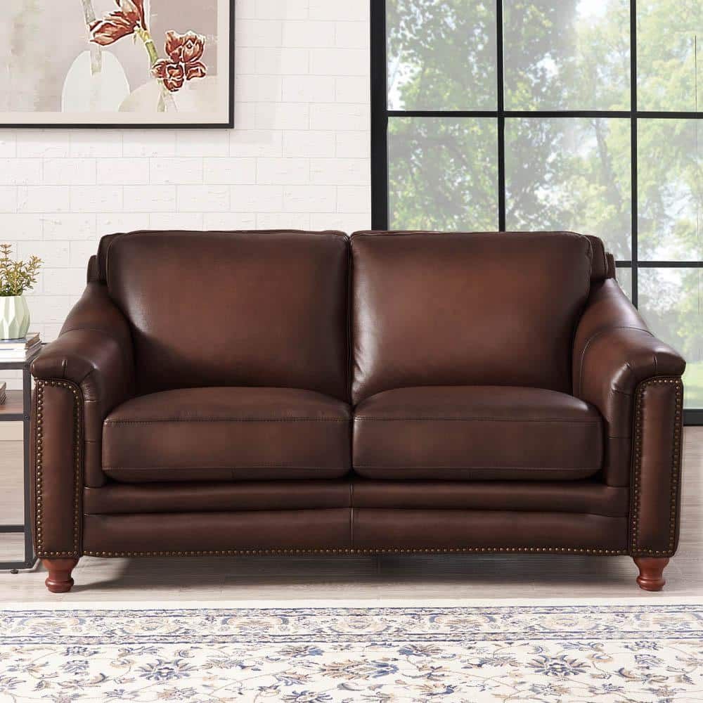 Hydeline Belfast 66.5 In. Brown Solid Top Grain Leather 2 Seater Loveseat  With Removable Cushions 6991 20 1866A – The Home Depot With Regard To Top Grain Leather Loveseats (Photo 9 of 15)