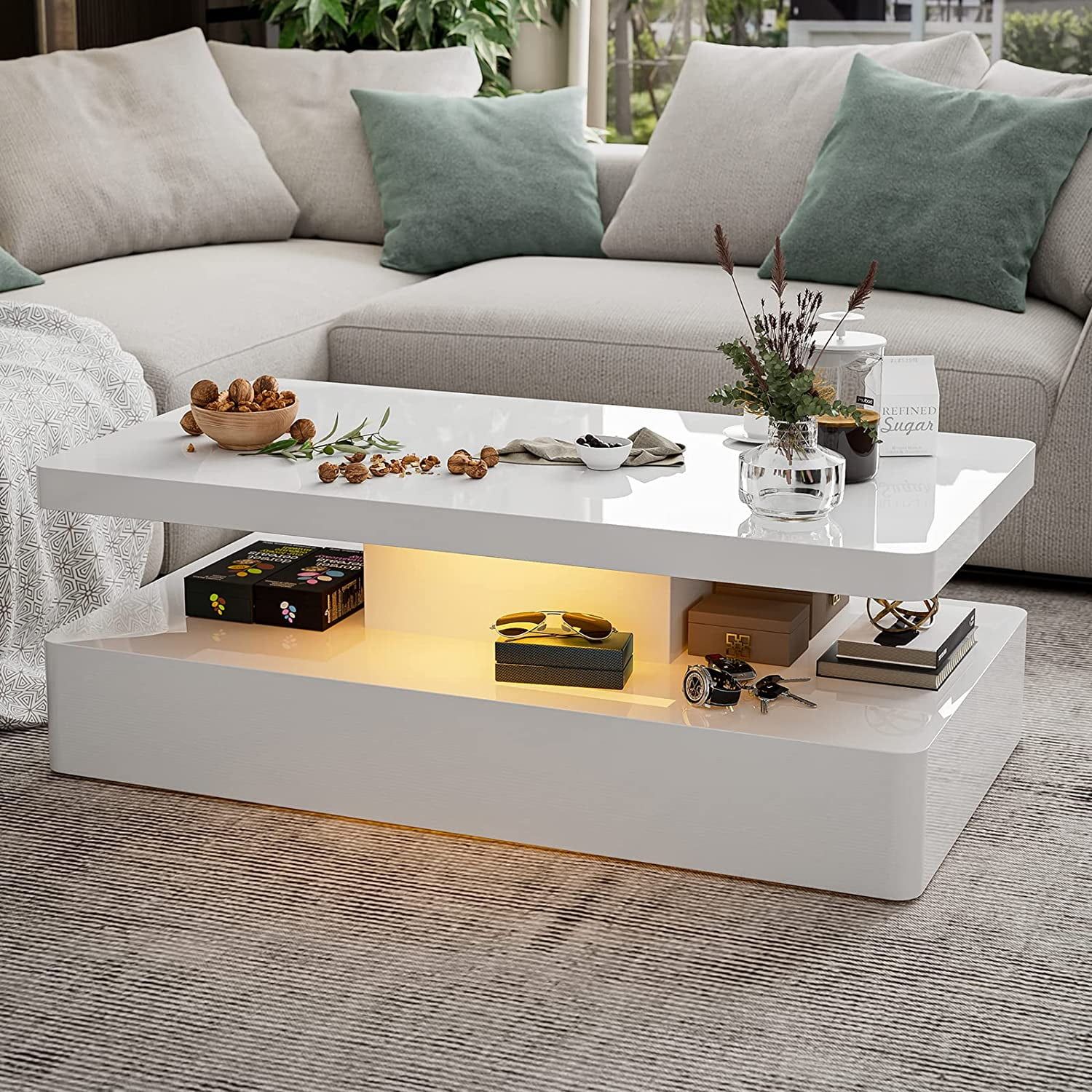 Ikifly Modern Glossy White Coffee Table W/Led Lighting, Contemporary  Rectangle Design Living Room Furniture Mdf, 2 Tiers – Walmart With Glossy Finished Metal Coffee Tables (View 15 of 15)