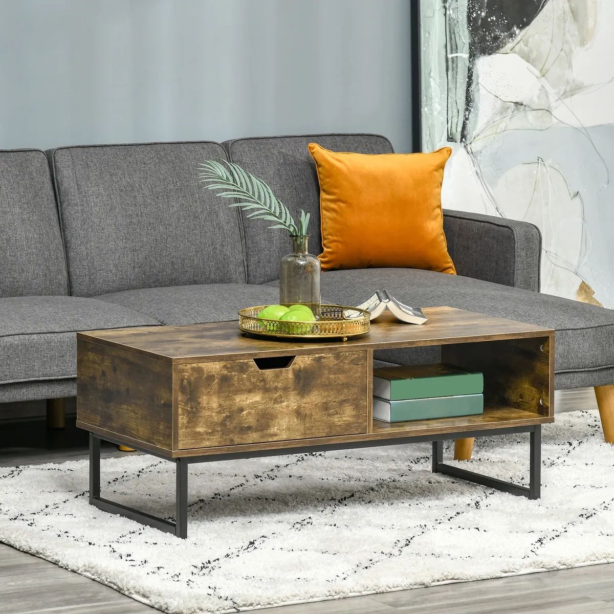 Industrial Coffee Table With Shortage Shelf & Drawer End Table Metal Frame  Brown | Ebay Pertaining To Metal 1 Shelf Coffee Tables (Photo 5 of 15)