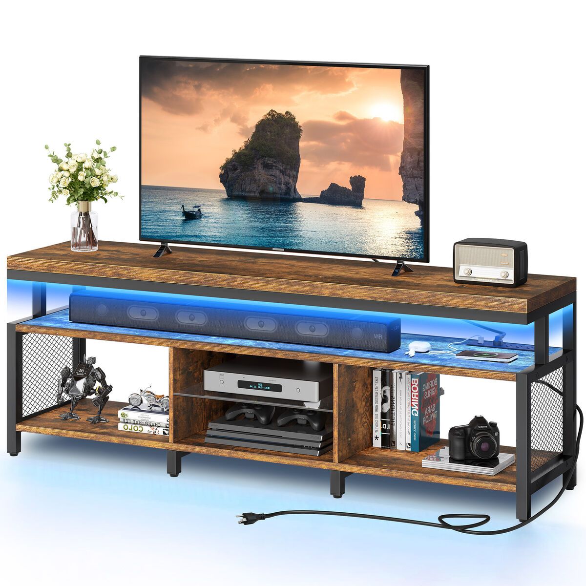 Industrial Led Tv Stand With Power Outlet Media Console For 50/60/65/70" Tvs  | Ebay With Led Tv Stands With Outlet (Photo 1 of 15)