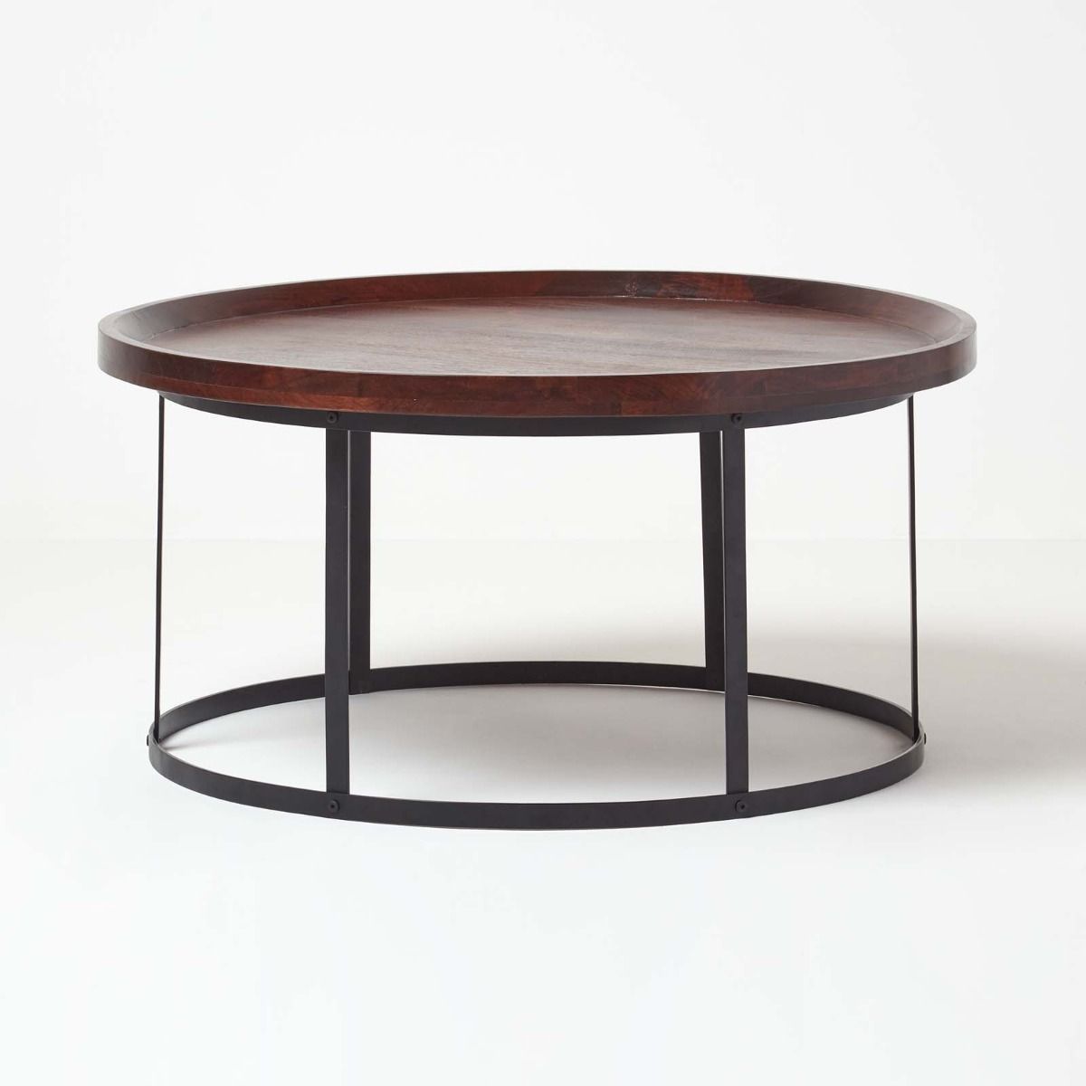 Industrial Round Coffee Table With Dark Wood Top And Steel Frame With Regard To Round Coffee Tables With Steel Frames (Photo 1 of 15)