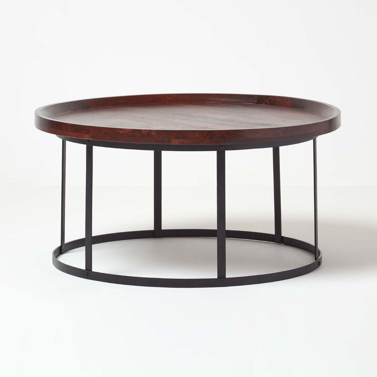 Industrial Round Coffee Table With Dark Wood Top And Steel Frame Within Round Coffee Tables With Steel Frames (Photo 14 of 15)