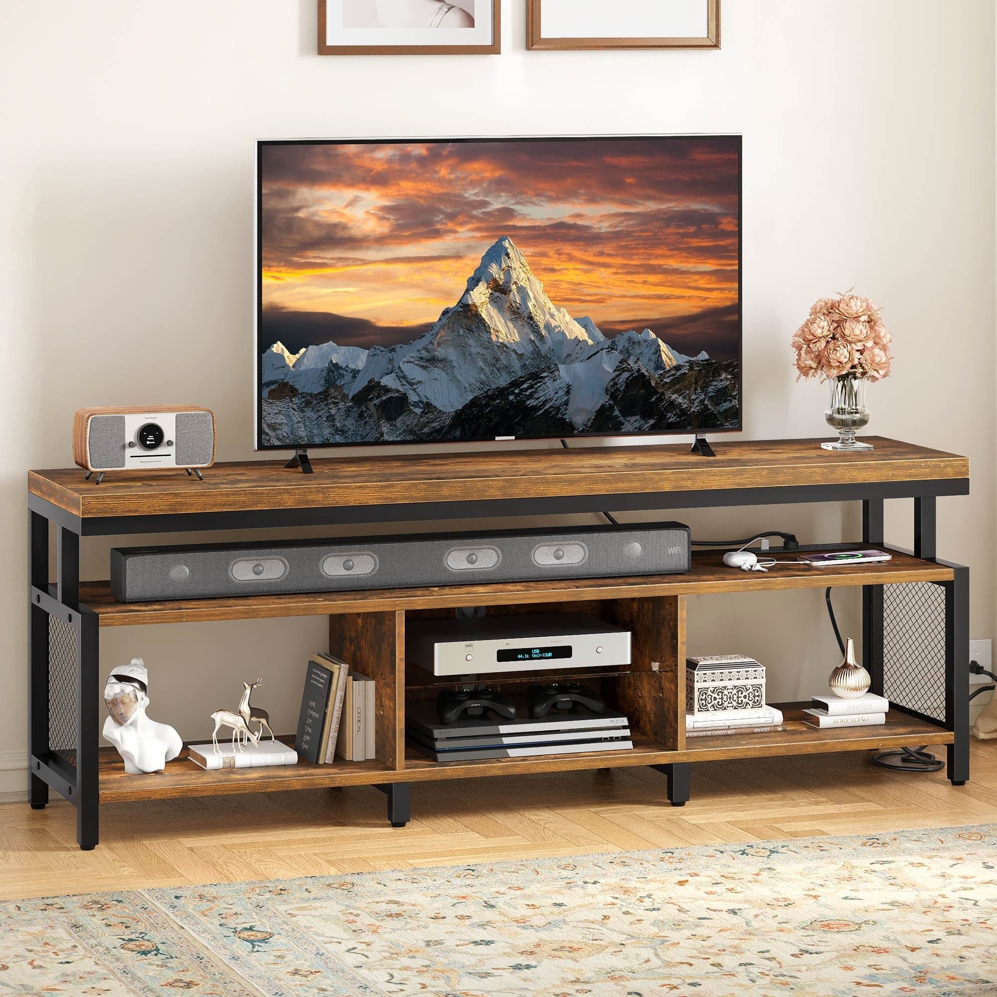 Industrial Wood Tv Stand With Led Light With Open Storage Shelves Power  Outlets Bluetooth Remote – Bed Bath & Beyond – 37609335 For Tv Stands With Led Lights & Power Outlet (View 7 of 15)