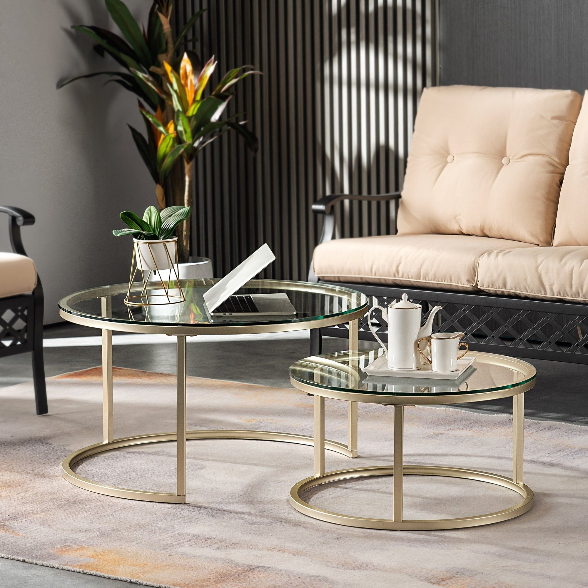 Ivinta Round Nesting Coffee Table Set Of 2, Modern Glass Coffee Tables For  Living Room, Accent Clear Gold Side Tables Set – On Sale – Bed Bath &  Beyond – 33878289 In Nesting Coffee Tables (Photo 11 of 15)
