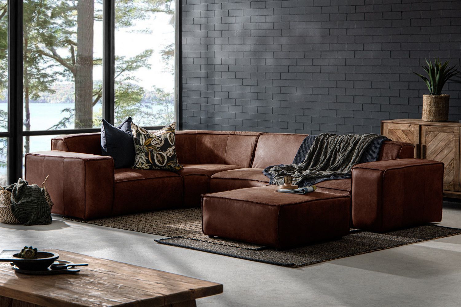 Jagger Leather Modular – Corner Couch With Ottoman – Spice | Cielo Within Sofas With Ottomans (Photo 8 of 15)