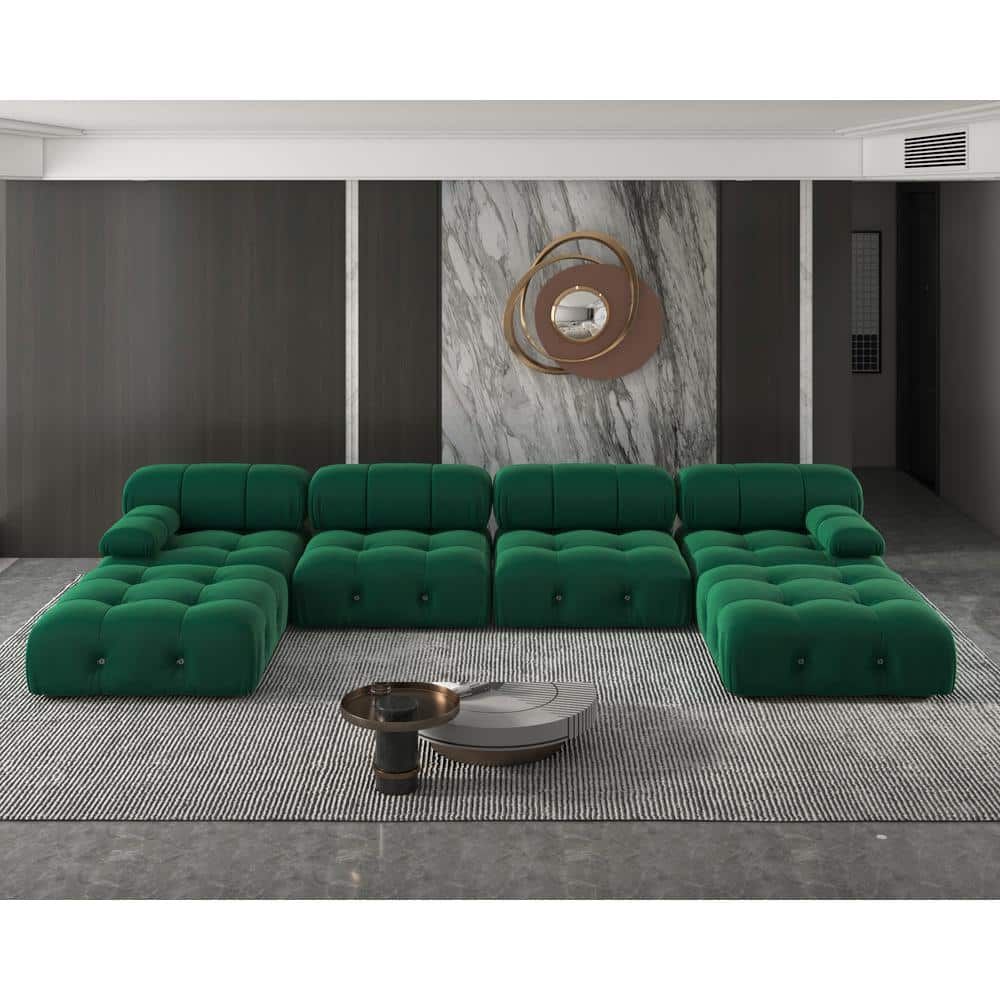 J&E Home 138 In. W Square Arm Velvet U Shaped 4 Piece Free Combination Modular  Sectional Sofa With Ottoman In Green Gd Wy000284Aad – The Home Depot With Regard To Green Velvet Modular Sectionals (Photo 9 of 15)