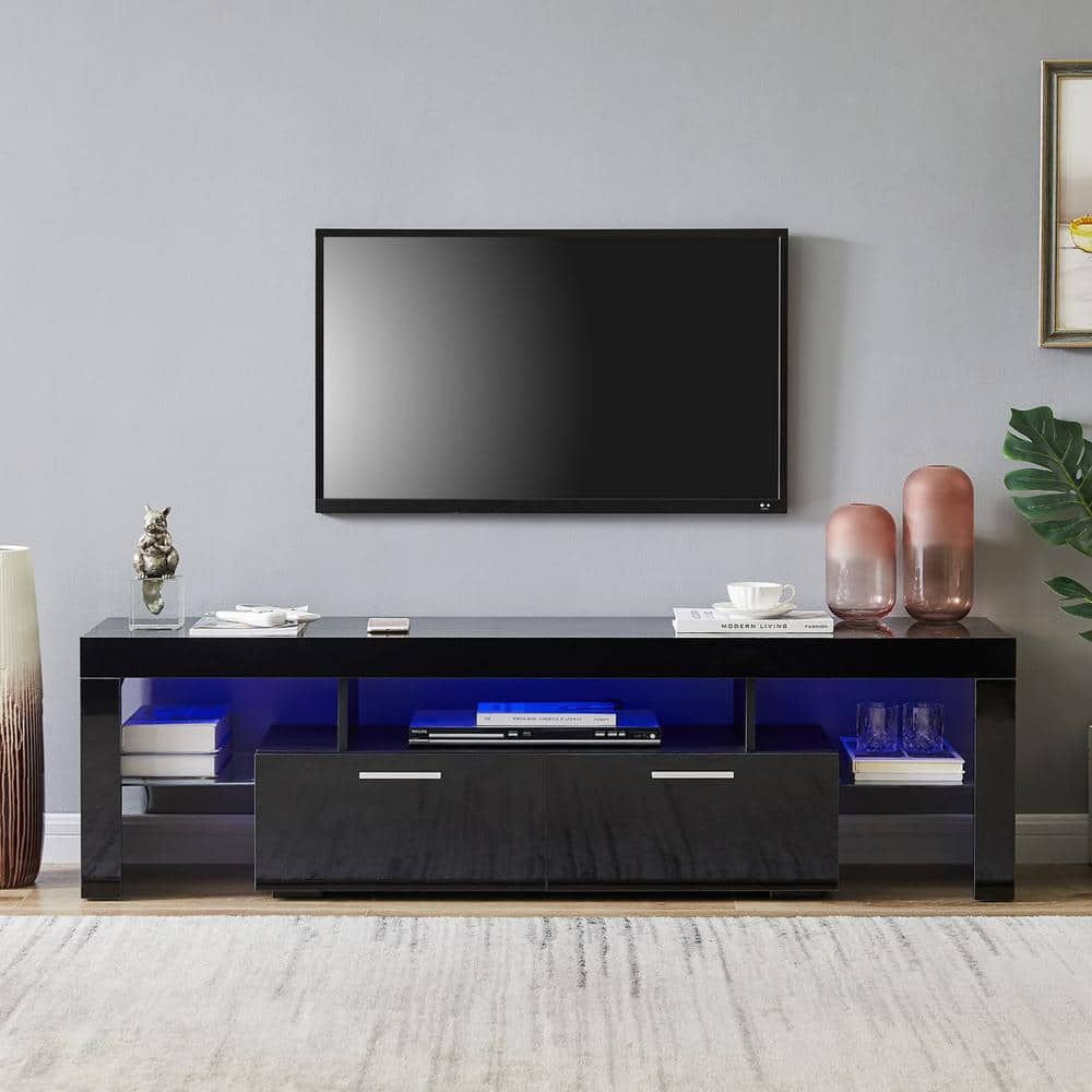 J&E Home 63 In. Black Modern Tv Stand With Led Lights And 2 Storage Drawers  Fits Tv'S Up To 65 In Gd W67933435 – The Home Depot Inside Black Rgb Entertainment Centers (Photo 10 of 15)
