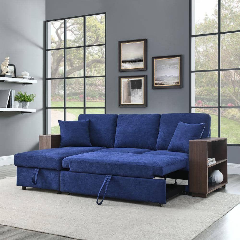 J&E Home 85 In. W Navy Color Polyester Fabric Full Size 3 Seats Reversible Sectional  Sofa Bed With Storage Gd W487S00010 – The Home Depot Pertaining To Navy Sleeper Sofa Couches (Photo 2 of 15)