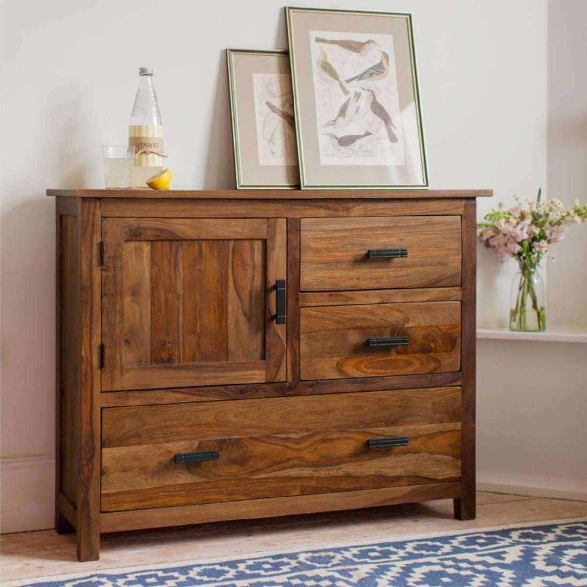 Jett Sheesham Wood Sideboard Cabinet For Living Room Furniture 3 Drawers 1 Cabinet  Storage Natural Honey Finish – Shagun Arts In Wood Cabinet With Drawers (View 13 of 15)