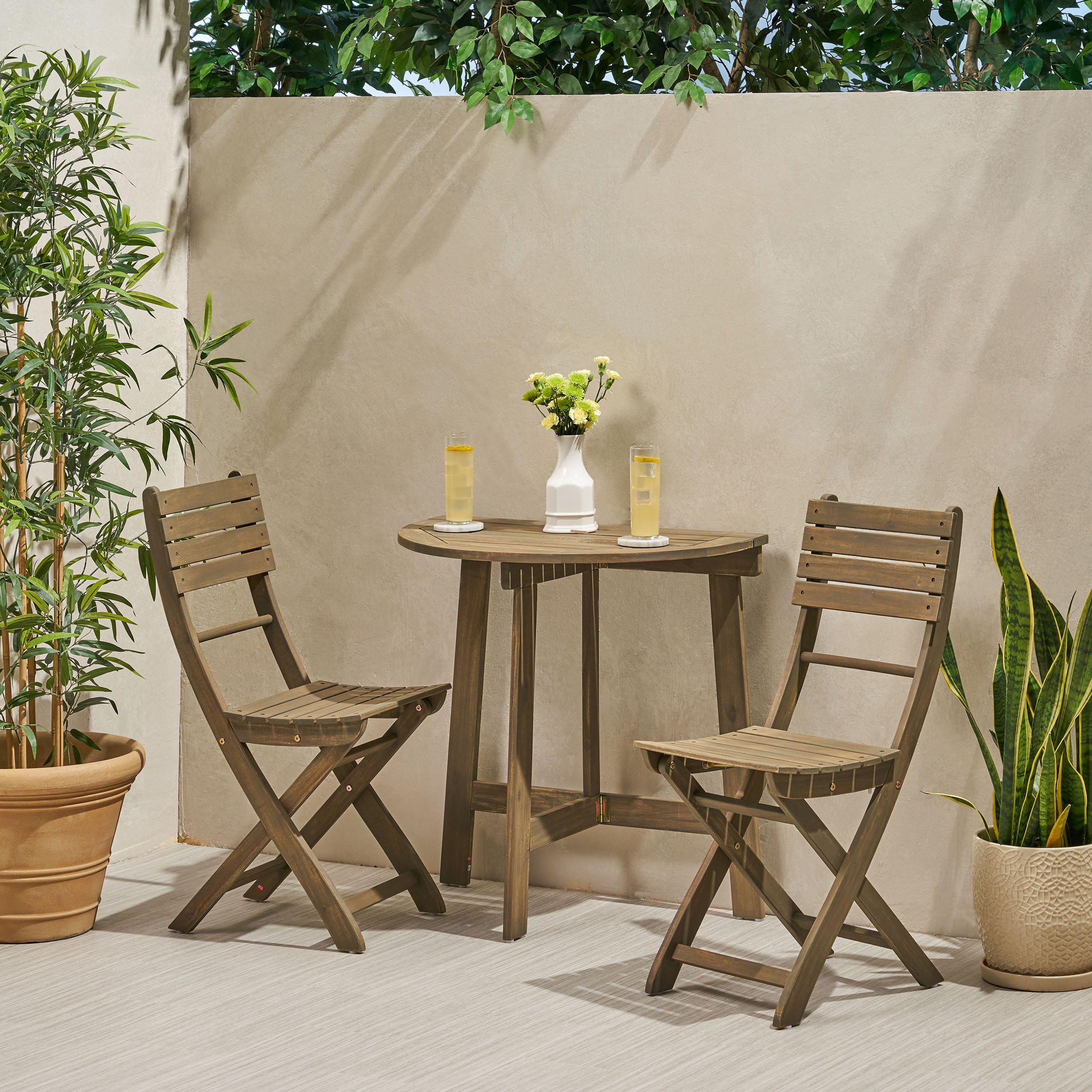 Jude Outdoor 2 Seater Half Round Folding Acacia Wood Bistro Table Set,  Natural – Walmart With Regard To Outdoor Half Round Coffee Tables (View 6 of 15)