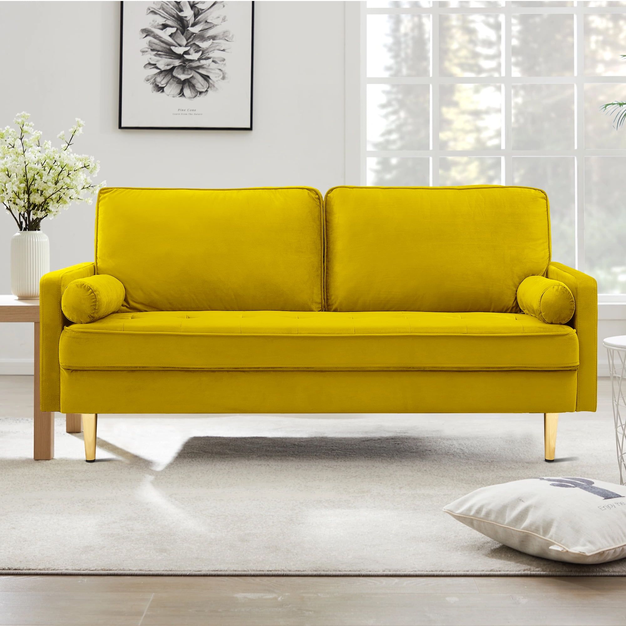 Kowilk Velvet Loveseat Sofa, 66.9'' Mid Century Modern Small Love Seats  With 2 Pillows & Golden Legs Comfy Couch For Living Room, Upholstered 2  Seater Sofa For Small Apartment ,Yellow – Walmart Pertaining To Small Love Seats In Velvet (Photo 9 of 15)