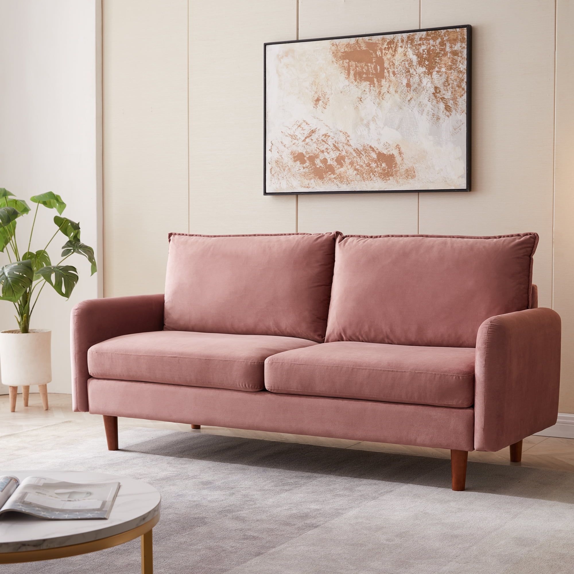 Kowilk Velvet Loveseat Sofa, 69'' Mid Century Modern Small Love Seats  Furniture Comfy Couch For Living Room, Upholstered 2 Seater Sofa For Small  Apartment（Pink） – Walmart Inside Small Love Seats In Velvet (Photo 3 of 15)