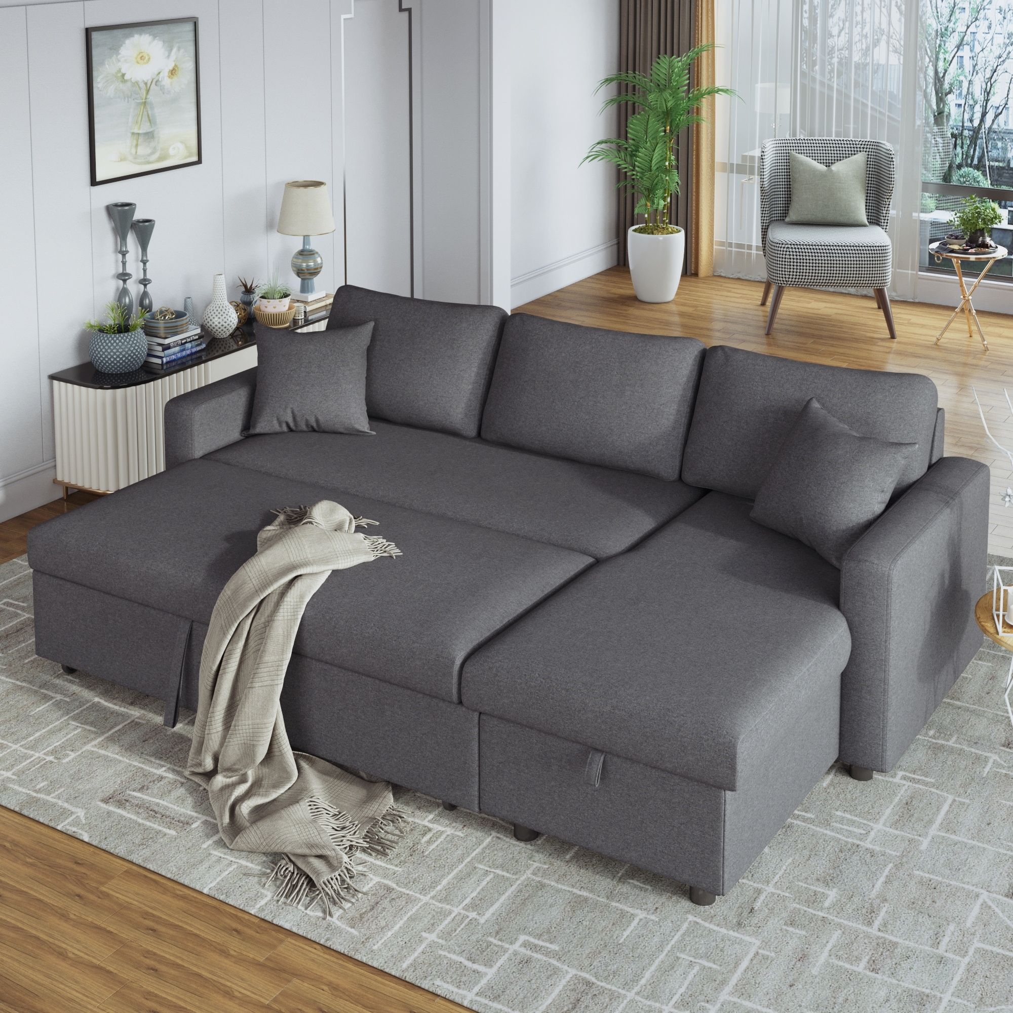 L Shape Sectional Sofa Modern Convertible Upholstered Twin Sofa Bed Sleeper  With Storage Sofa Chaise And 2 Tossing Cushions – Bed Bath & Beyond –  36781665 Within Convertible L Shaped Sectional Sofas (Photo 5 of 15)