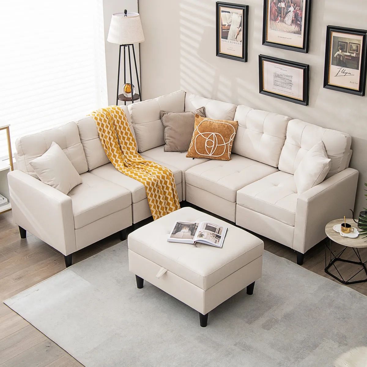 L Shaped Sectional Corner Sofa Set W/ Removable Ottoman & Seat Cushions  Beige | Ebay Throughout Beige L Shaped Sectional Sofas (Photo 5 of 15)