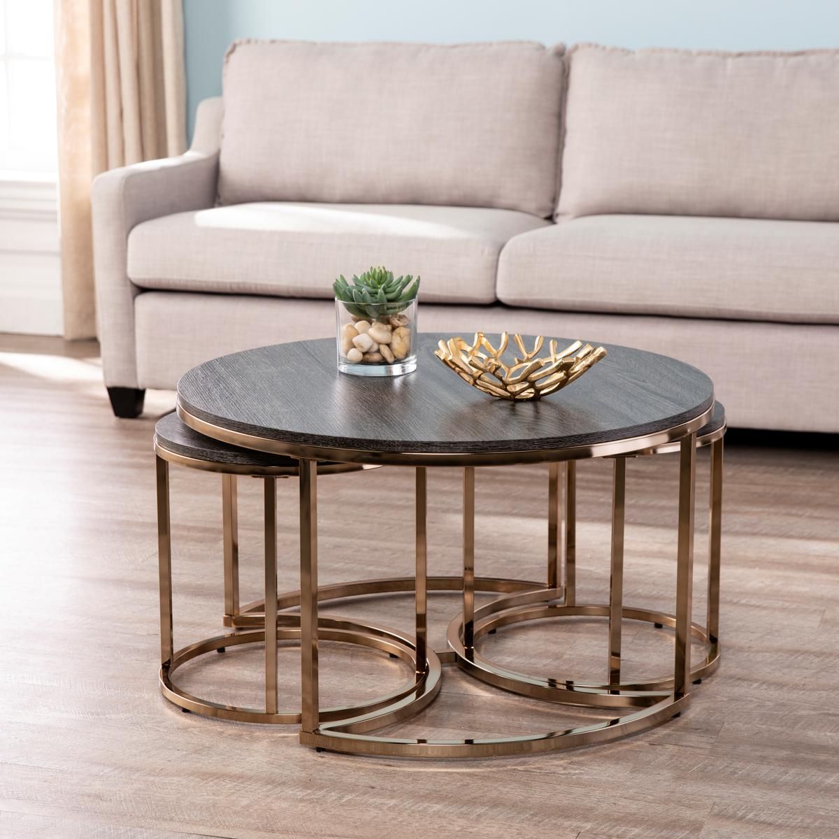 Lakenheath 3 Piece Nesting Cocktail Table Set – Champagne – 9248247 | Hsn Within Coffee Tables Of 3 Nesting Tables (View 13 of 15)