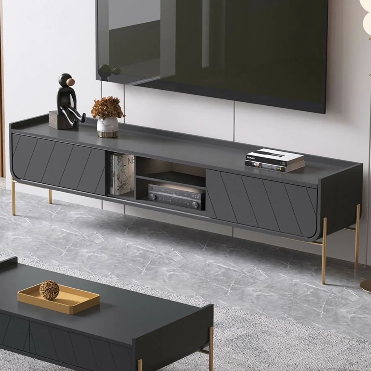 Large Grey Tv Unit Sliding Doors Storage Shelves Gold Legs Modern Stand  Cabinet | Ebay Pertaining To Modern Stands With Shelves (Photo 14 of 15)