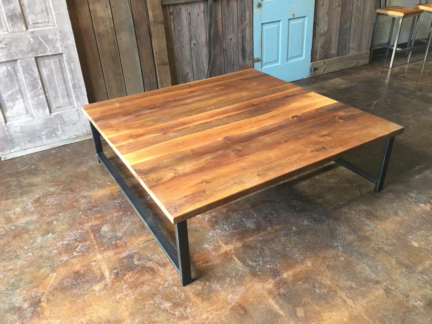 Large Square Reclaimed Wood Coffee Table / Industrial H Shaped Metal Legs –  Etsy With Coffee Tables With Metal Legs (View 3 of 15)