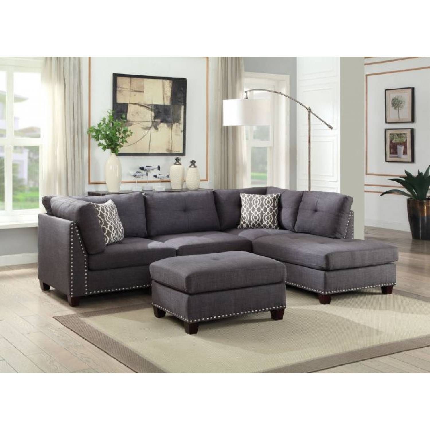 Laurissa Sectional Sofa & Ottoman (2 Pillows) In Light Charcoal Linen Within Light Charcoal Linen Sofas (View 14 of 15)