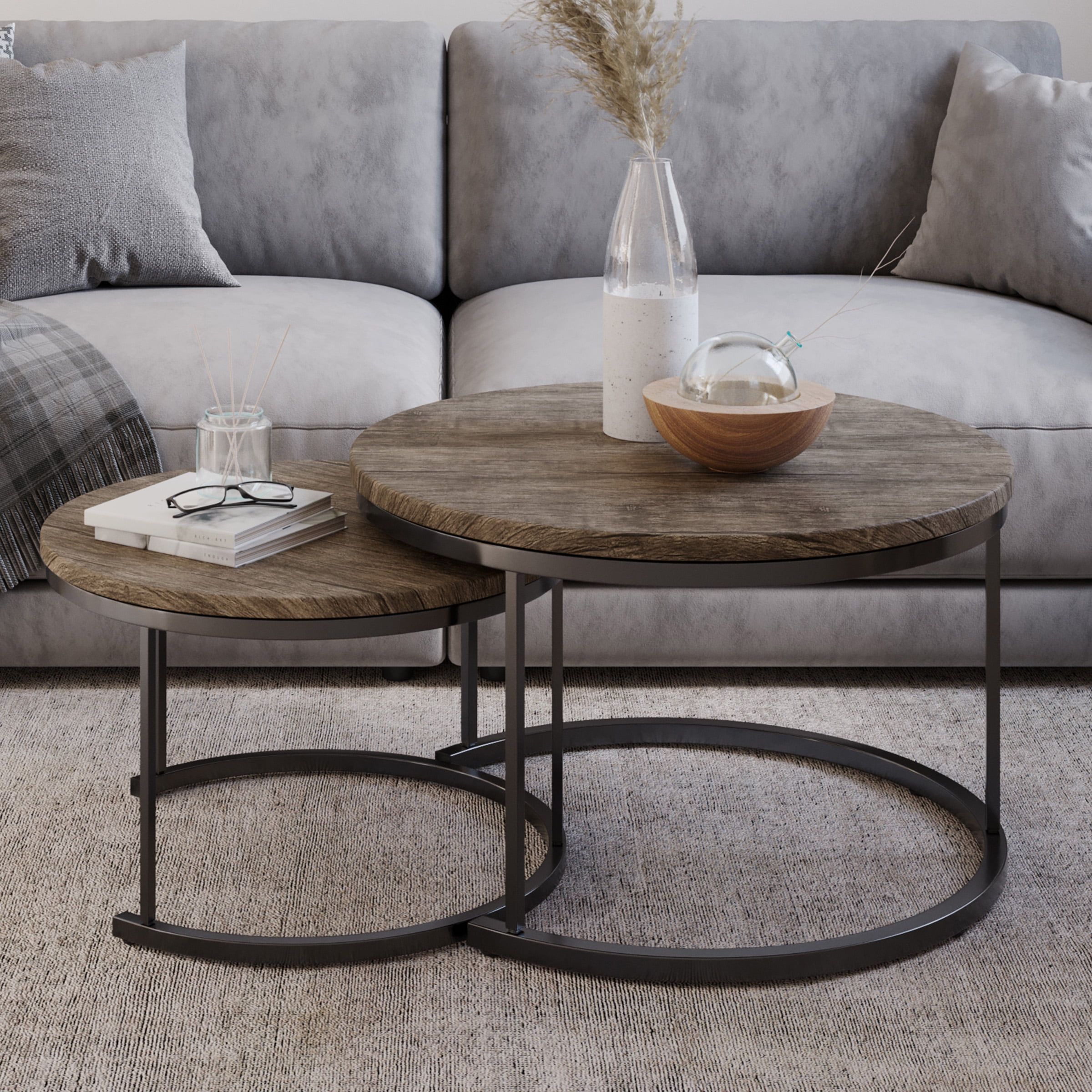 Lavish Home Round Coffee Table Set – 2 Piece Nesting Tables To Use Together  Or Separately – Modern Farmhouse Style (Gray Brown) – Walmart Inside Modern Nesting Coffee Tables (View 14 of 15)