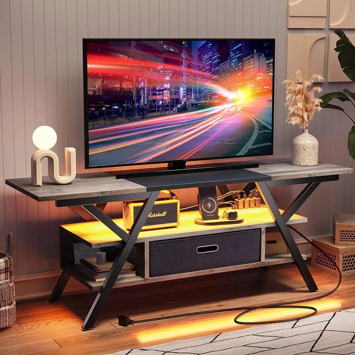 Led Entertainment Center Power Outlets Gaming Tv Stand For Tv Up To 65 Inch  Rgb | Ebay Regarding Led Tv Stands With Outlet (Photo 14 of 15)