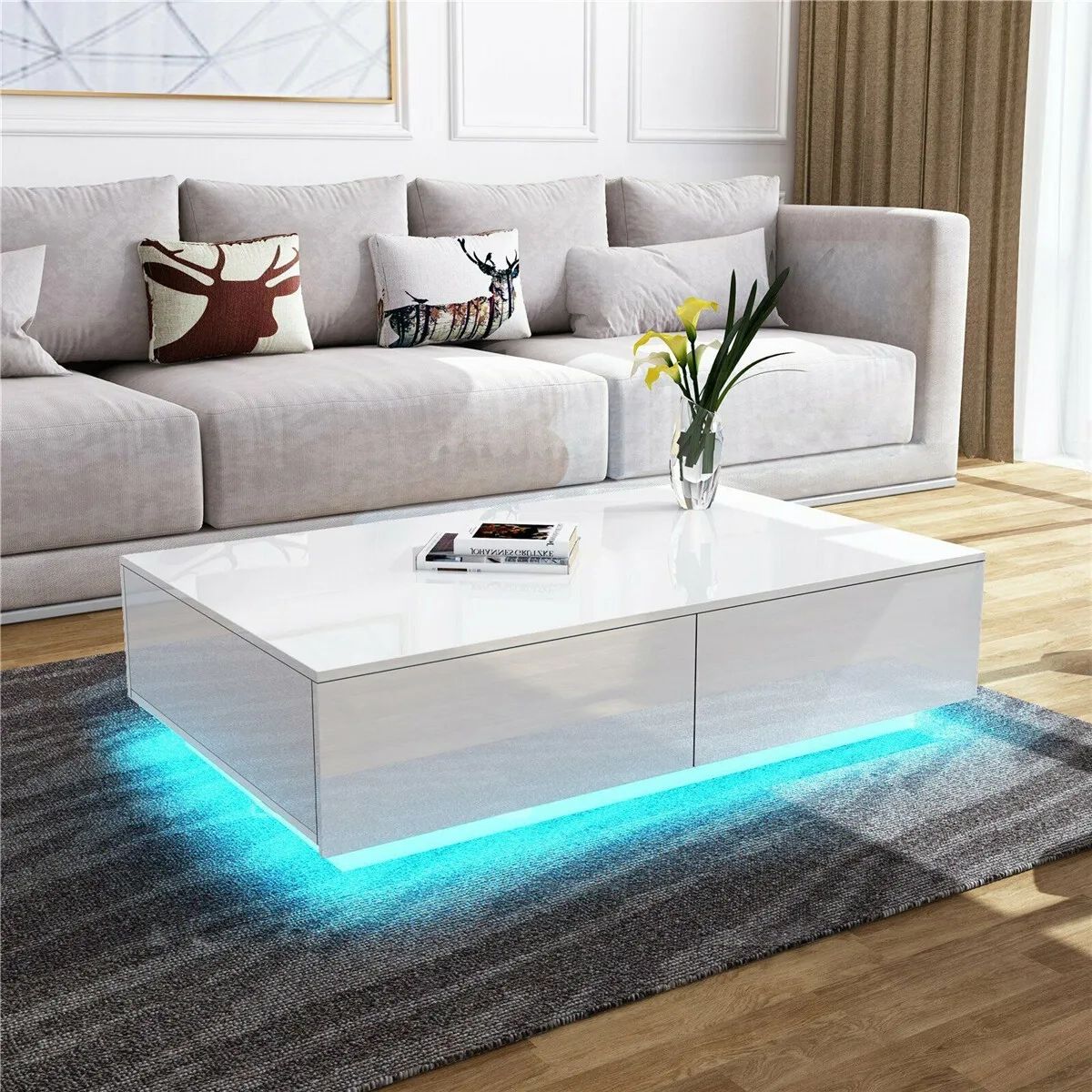 Led Light High Gloss Coffee Table With 4 Drawers Storage Living Room End  Table | Ebay For Led Coffee Tables With 4 Drawers (Photo 2 of 15)