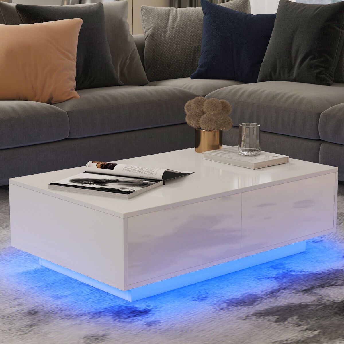 Led Light High Gloss Coffee Table With 4 Drawers Storage Living Room End  Table | Ebay Intended For Led Coffee Tables With 4 Drawers (Photo 9 of 15)