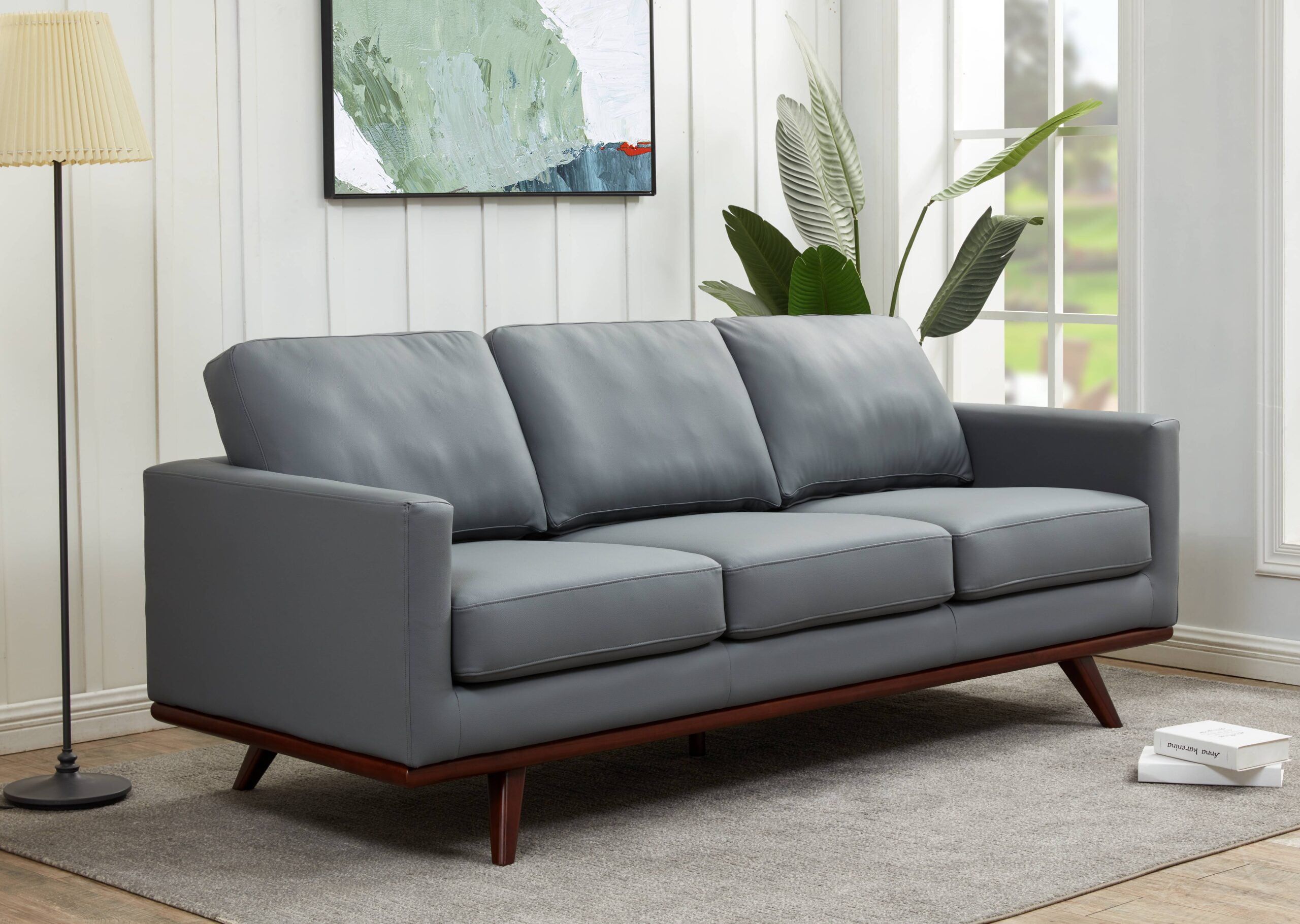Leisuremod Chester Modern Leather 3 Seater Sofa With Birch Wood Base Mid  Century Living Room Couch (Grey) – Walmart Inside Mid Century 3 Seat Couches (View 3 of 15)