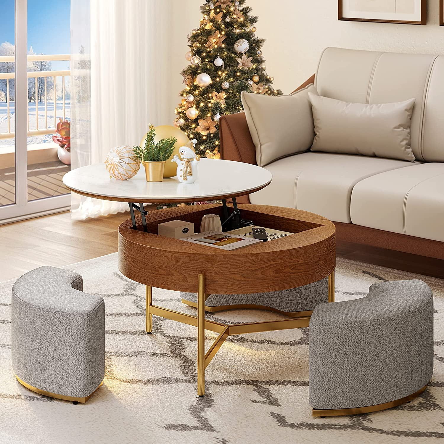 Lift Top Round Coffee Table With Storage Compartment 3 Stools Pop Up Stone  Tabletop Rising Top Modern Coffee Table Set For Living Room Apartment –  Walmart Intended For Round Coffee Tables With Storage (View 2 of 15)