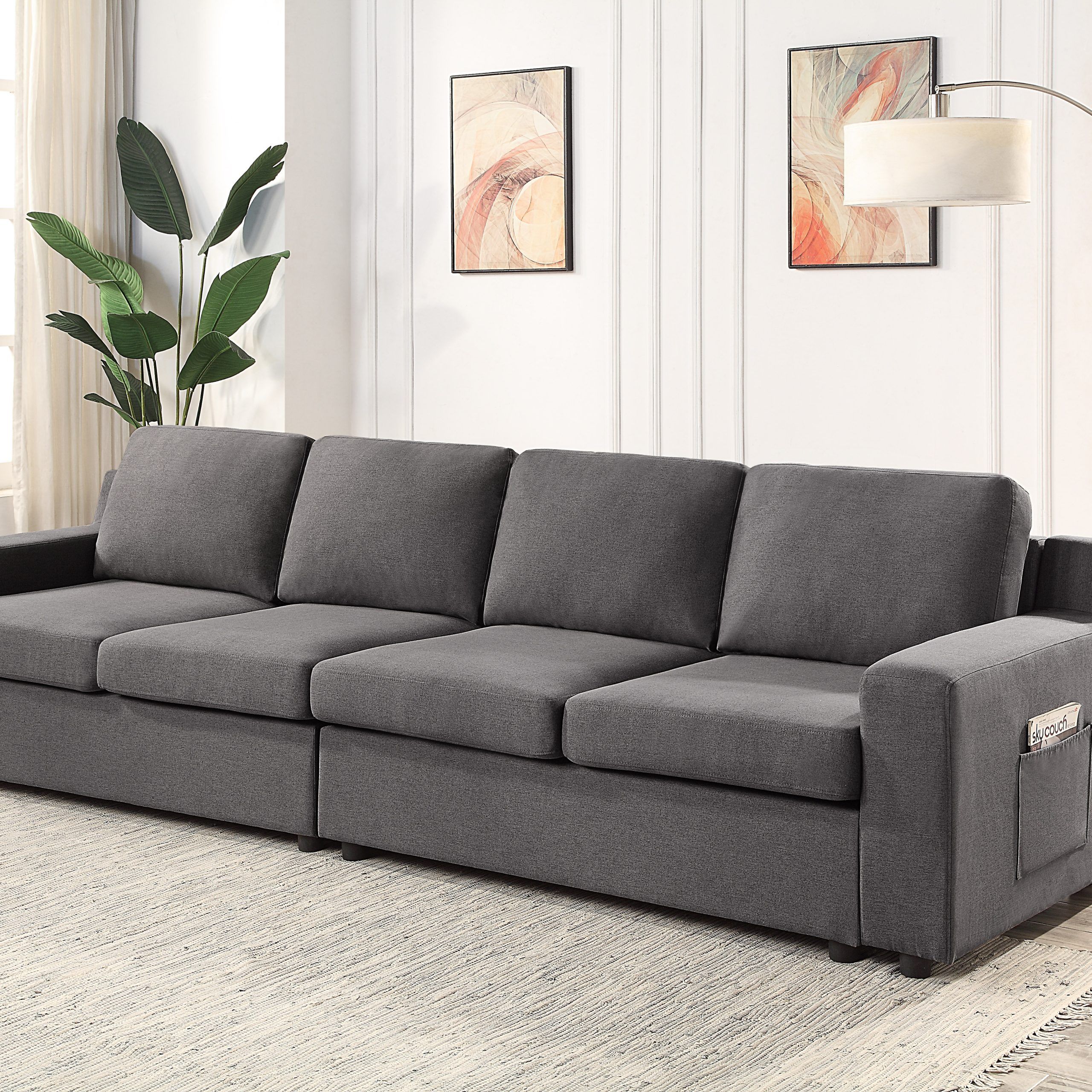 Lilola Waylon Gray Linen 4 Seater Sofa With Pockets | Wayfair In Gray Linen Sofas (Photo 1 of 15)