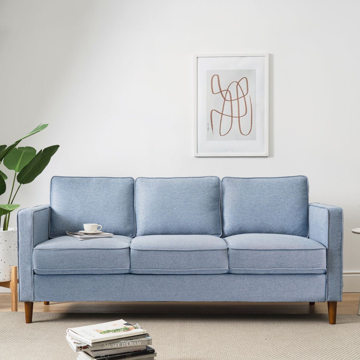 Living Room Sofa Couch Modern 3 Seater Blue Linen Couch With Armrest  Pockets | Ebay Pertaining To Modern Blue Linen Sofas (Photo 2 of 15)