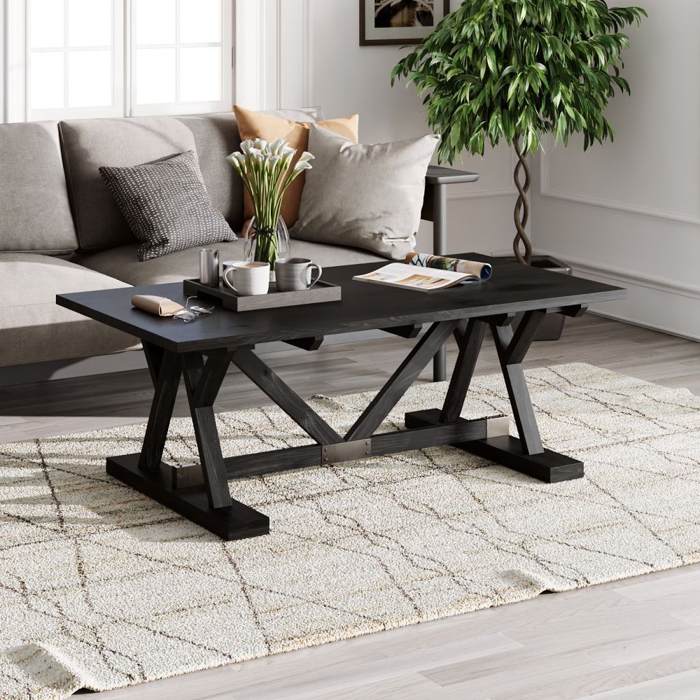 Maddox Black Painted Coffee Table, Solid Mango Wood Rectangular Top With  Trestle Base Within Rectangular Coffee Tables With Pedestal Bases (View 4 of 15)