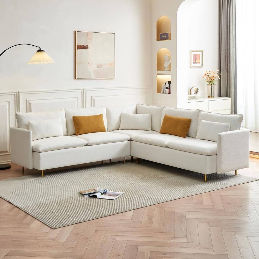 Magic Home 92 In. Beige Teddy Fabric Modern L Shaped Corner Sectional Sofa  With Pillows And Metal Legs For Living Room Apartment Cs Gs006096Aae – The  Home Depot For Beige L Shaped Sectional Sofas (Photo 2 of 15)